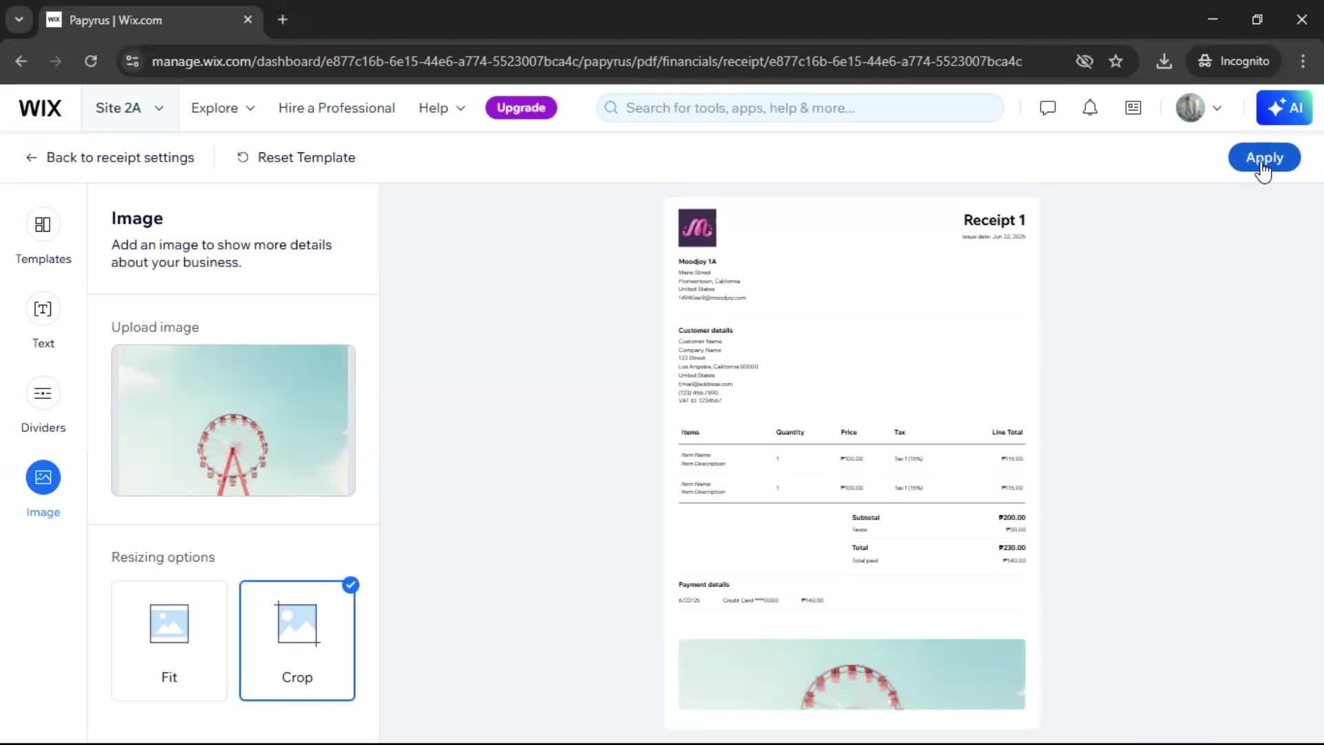 Creating a receipt screenshot