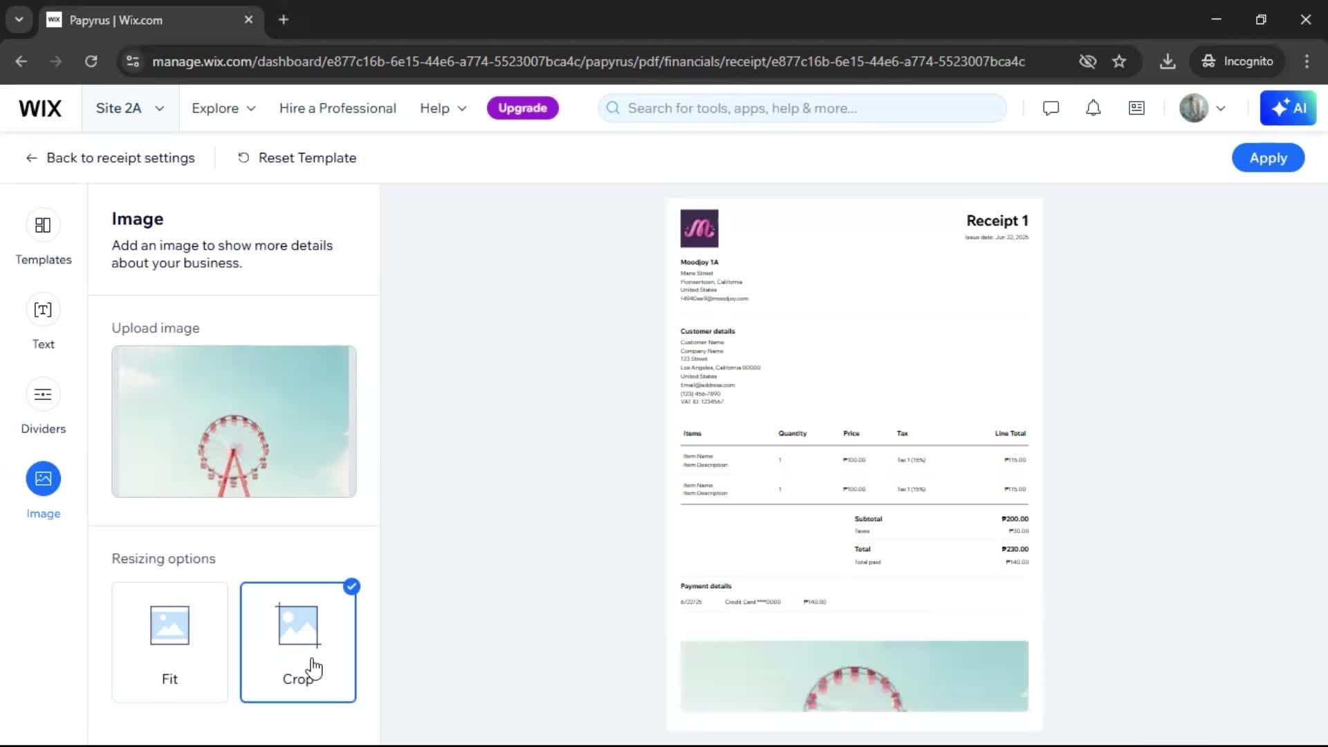Creating a receipt screenshot