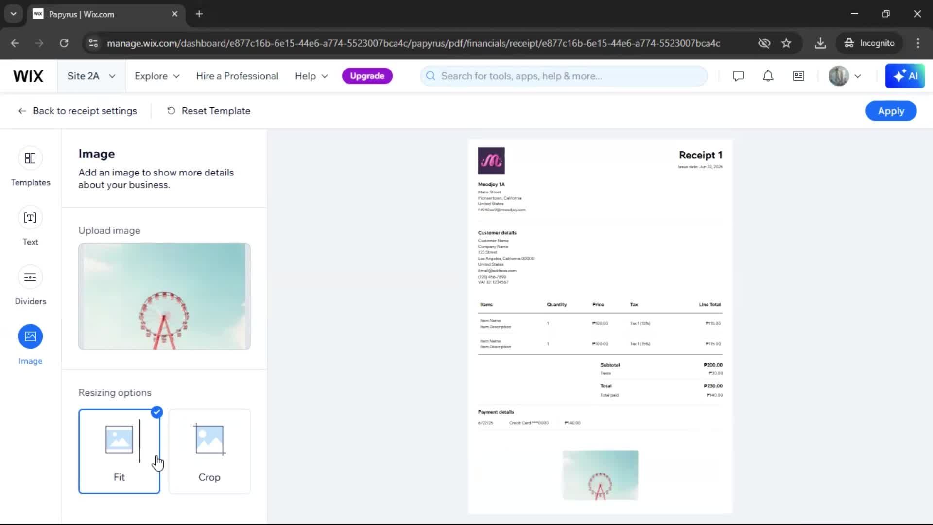 Creating a receipt screenshot