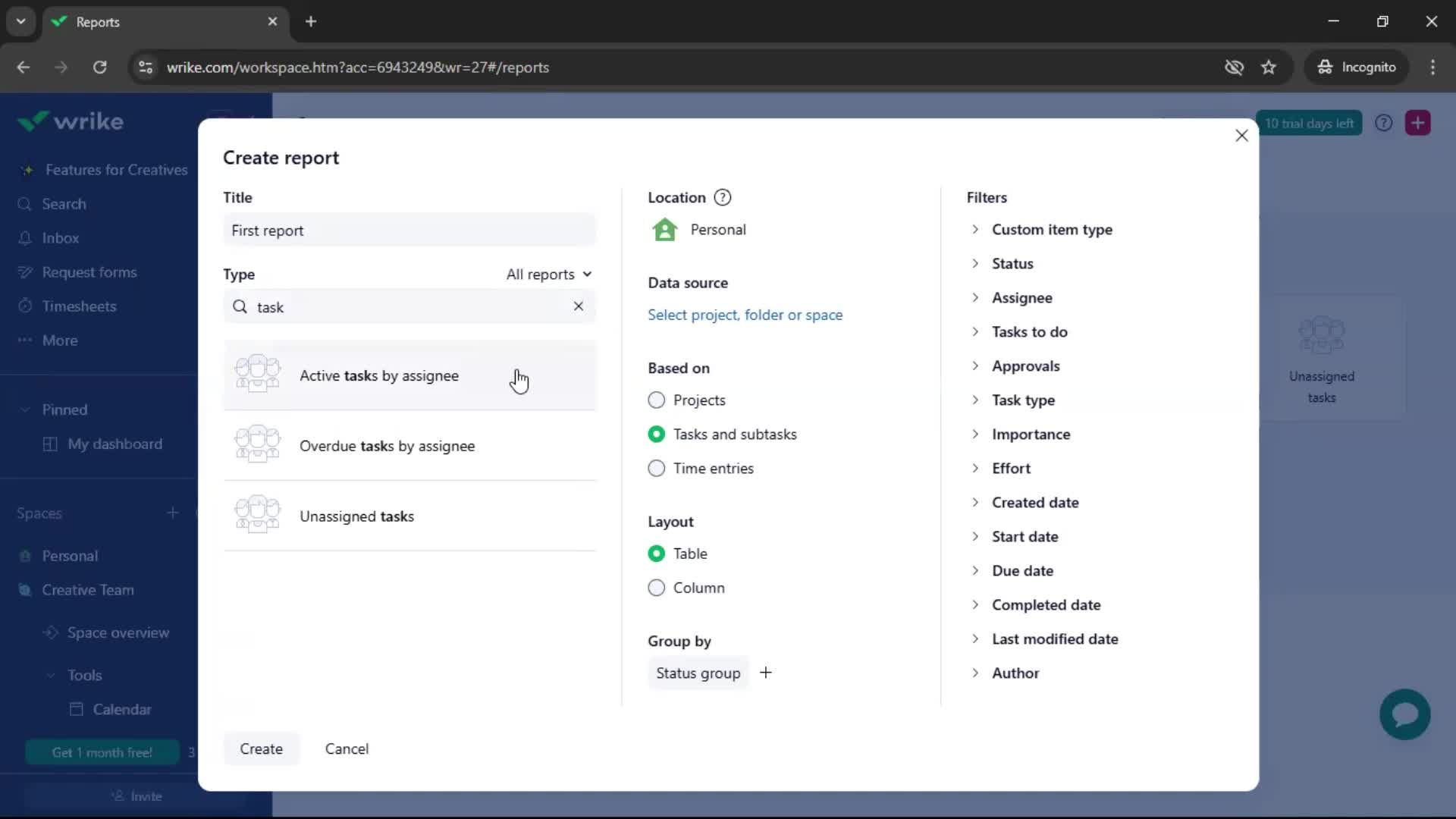 Creating a report screenshot