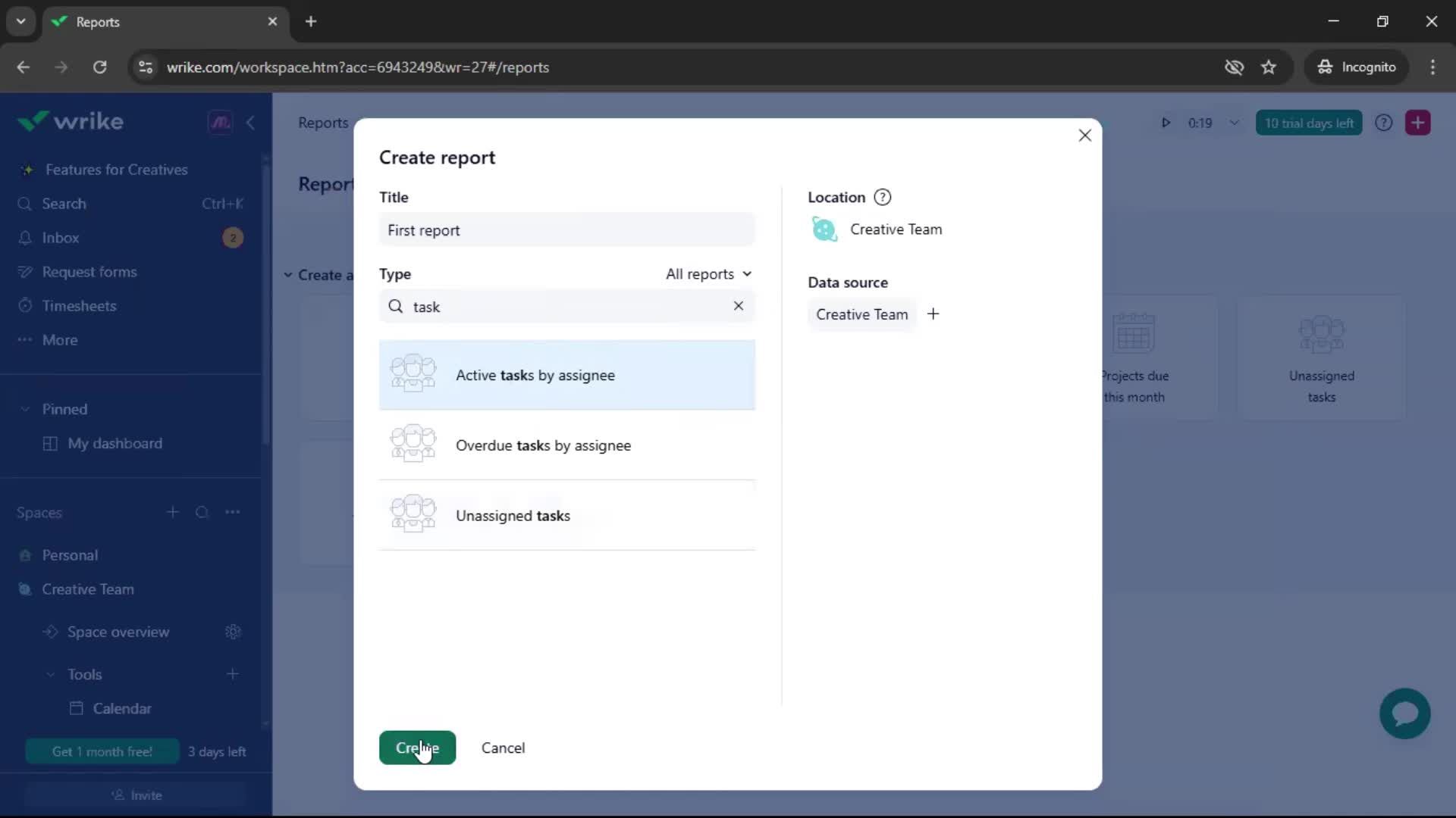 Creating a report screenshot