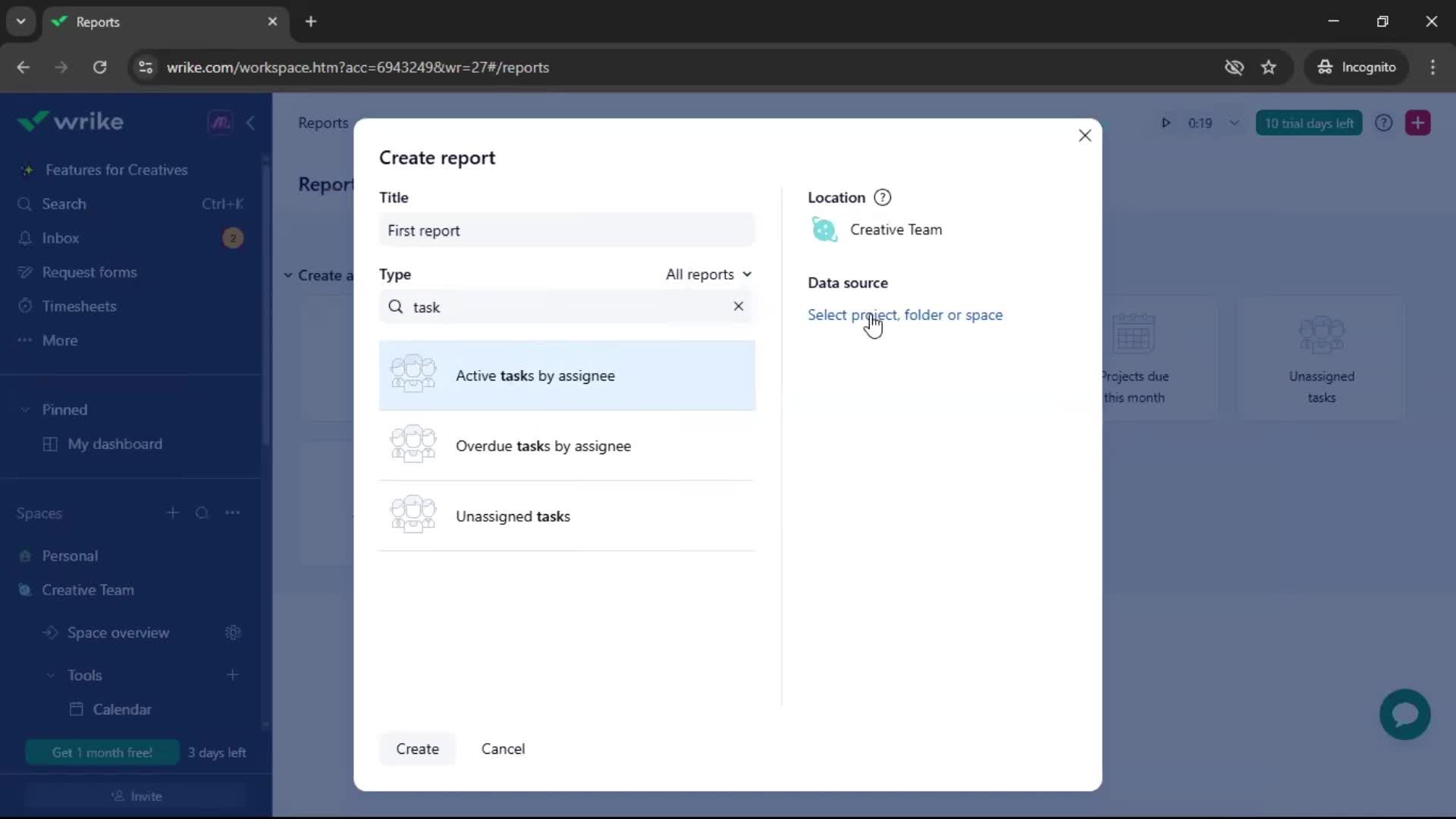 Creating a report screenshot
