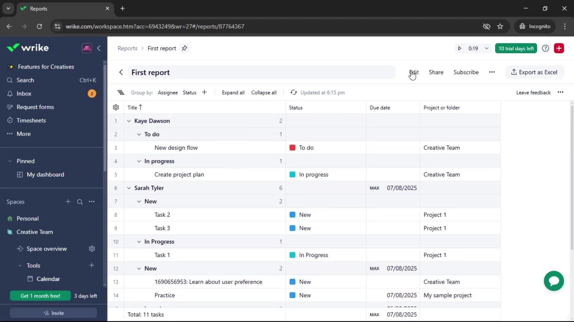 Creating a report screenshot