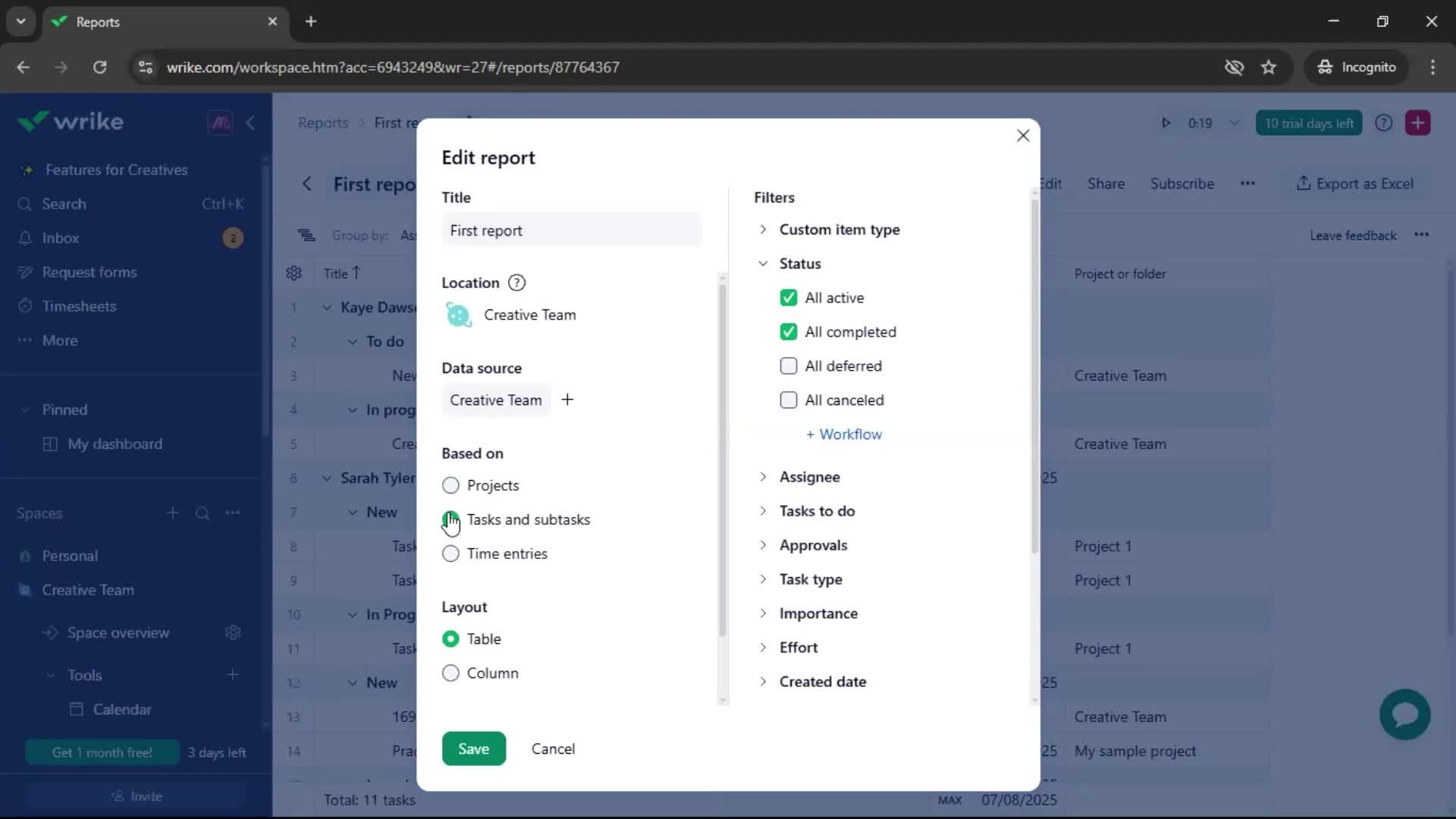 Creating a report screenshot