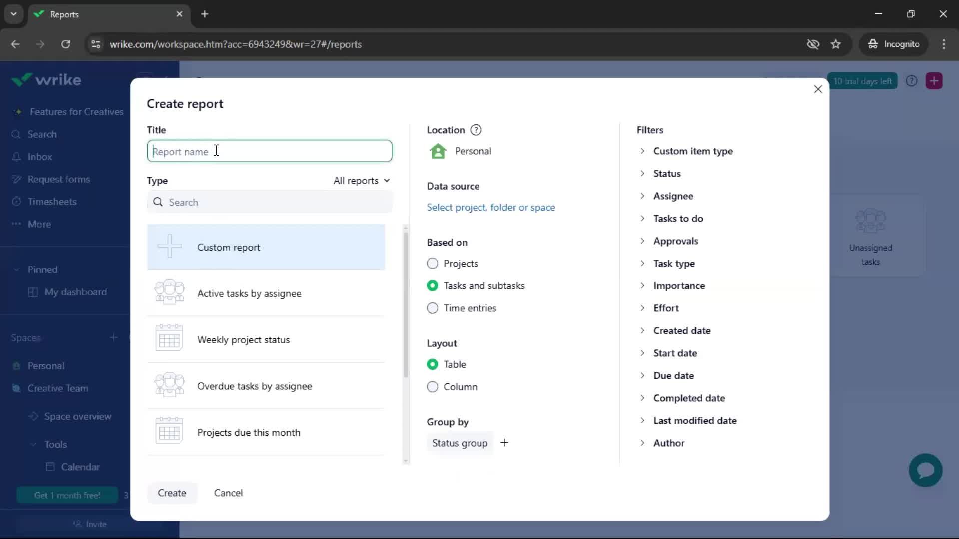 Creating a report screenshot