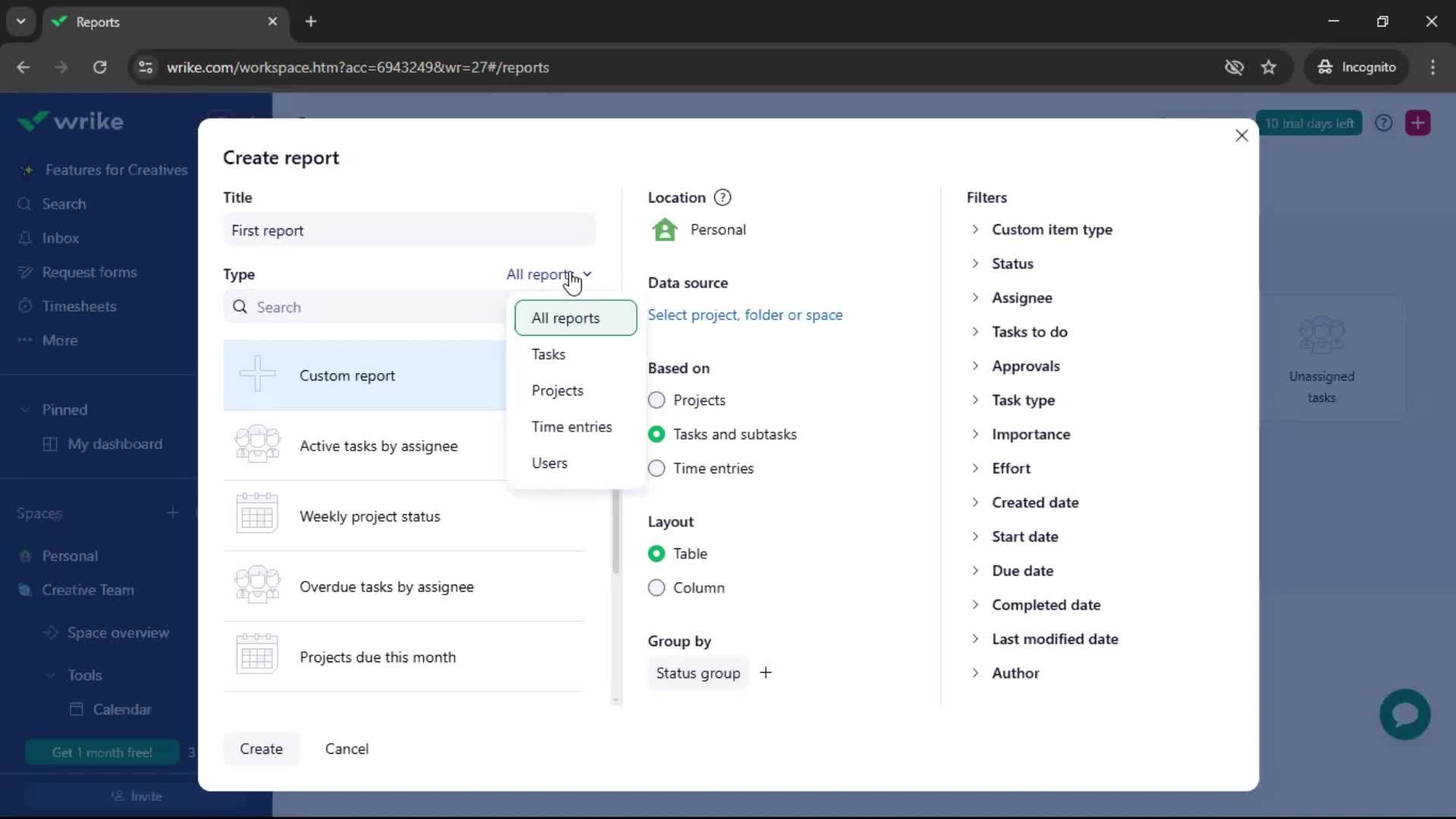 Creating a report screenshot