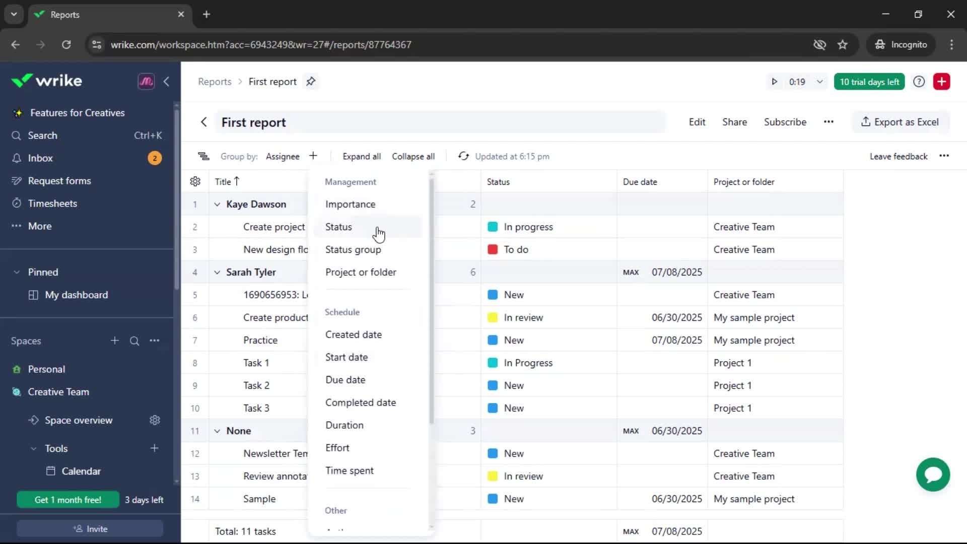Creating a report screenshot