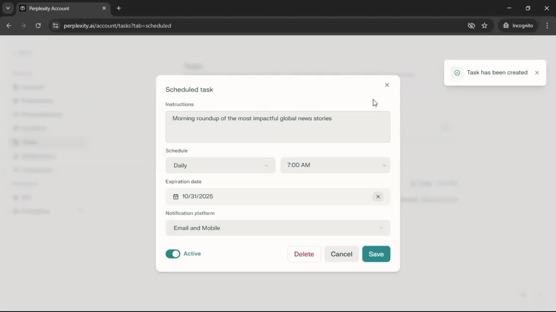 Creating a task screenshot