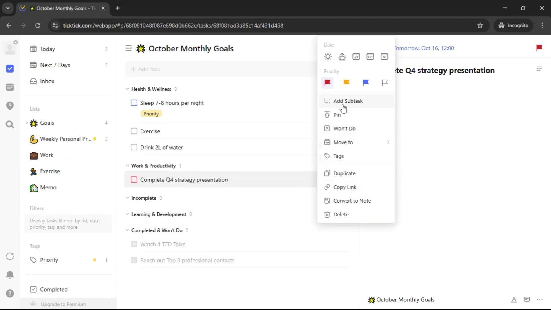 Creating a task screenshot