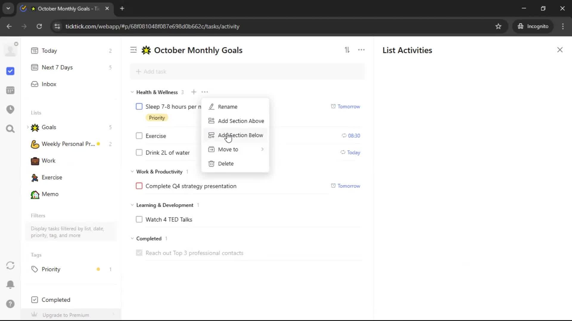 Creating a task screenshot