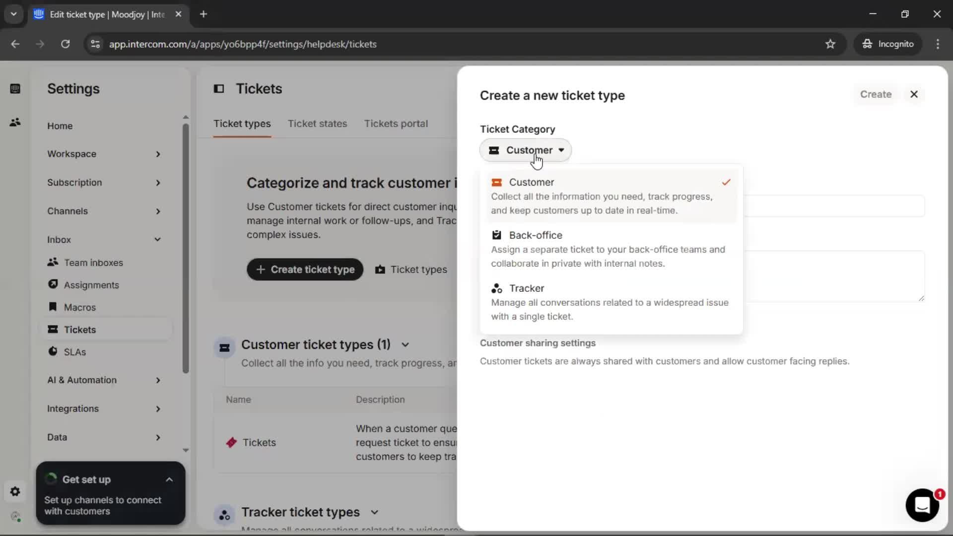 Creating a ticket type screenshot