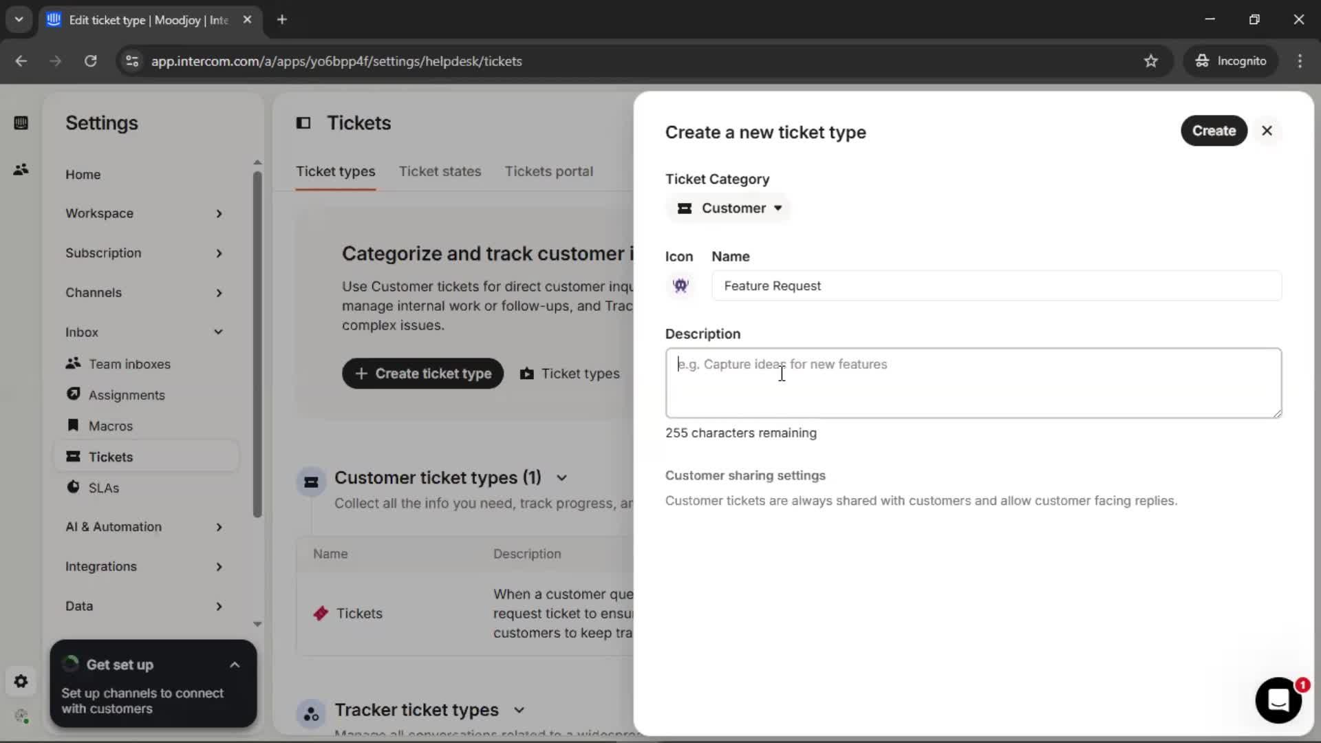 Creating a ticket type screenshot