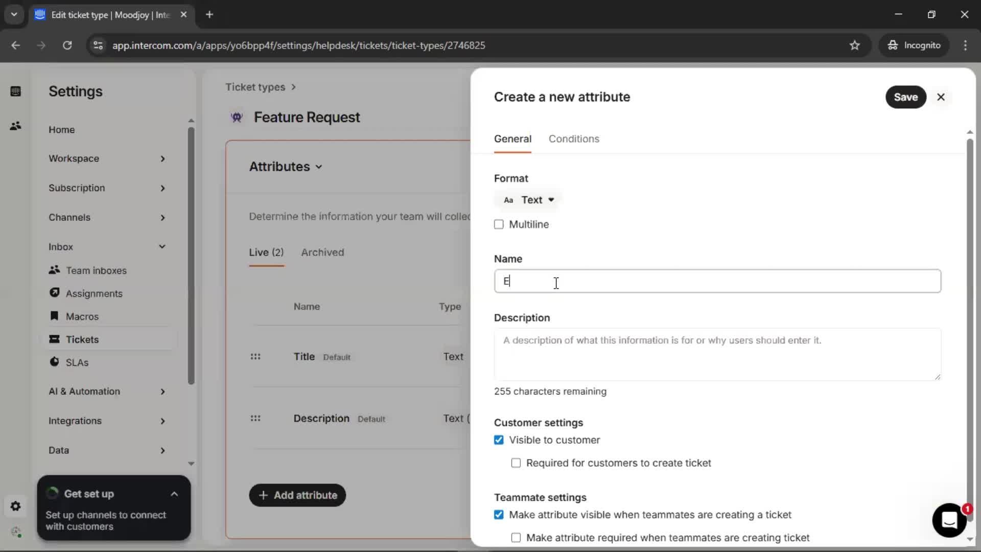 Creating a ticket type screenshot