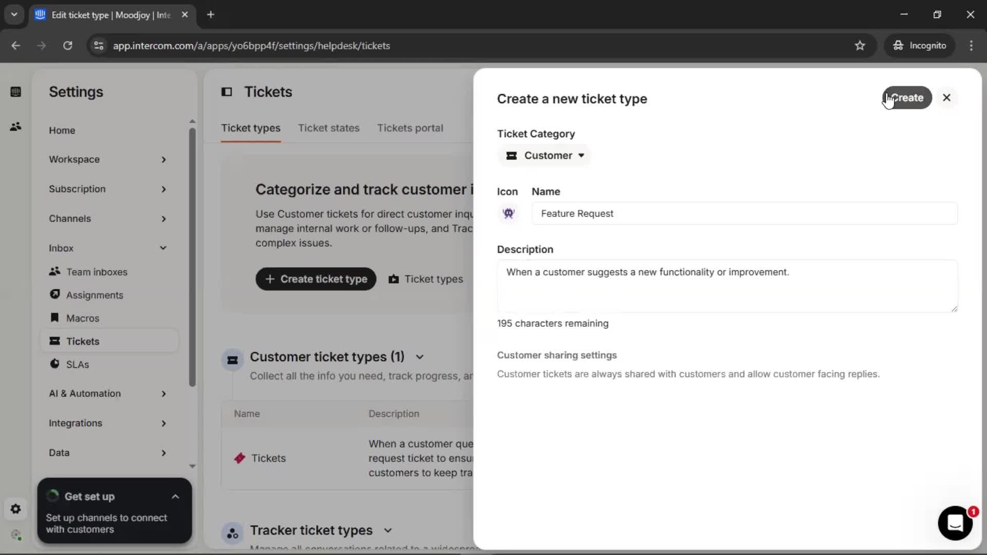 Creating a ticket type screenshot