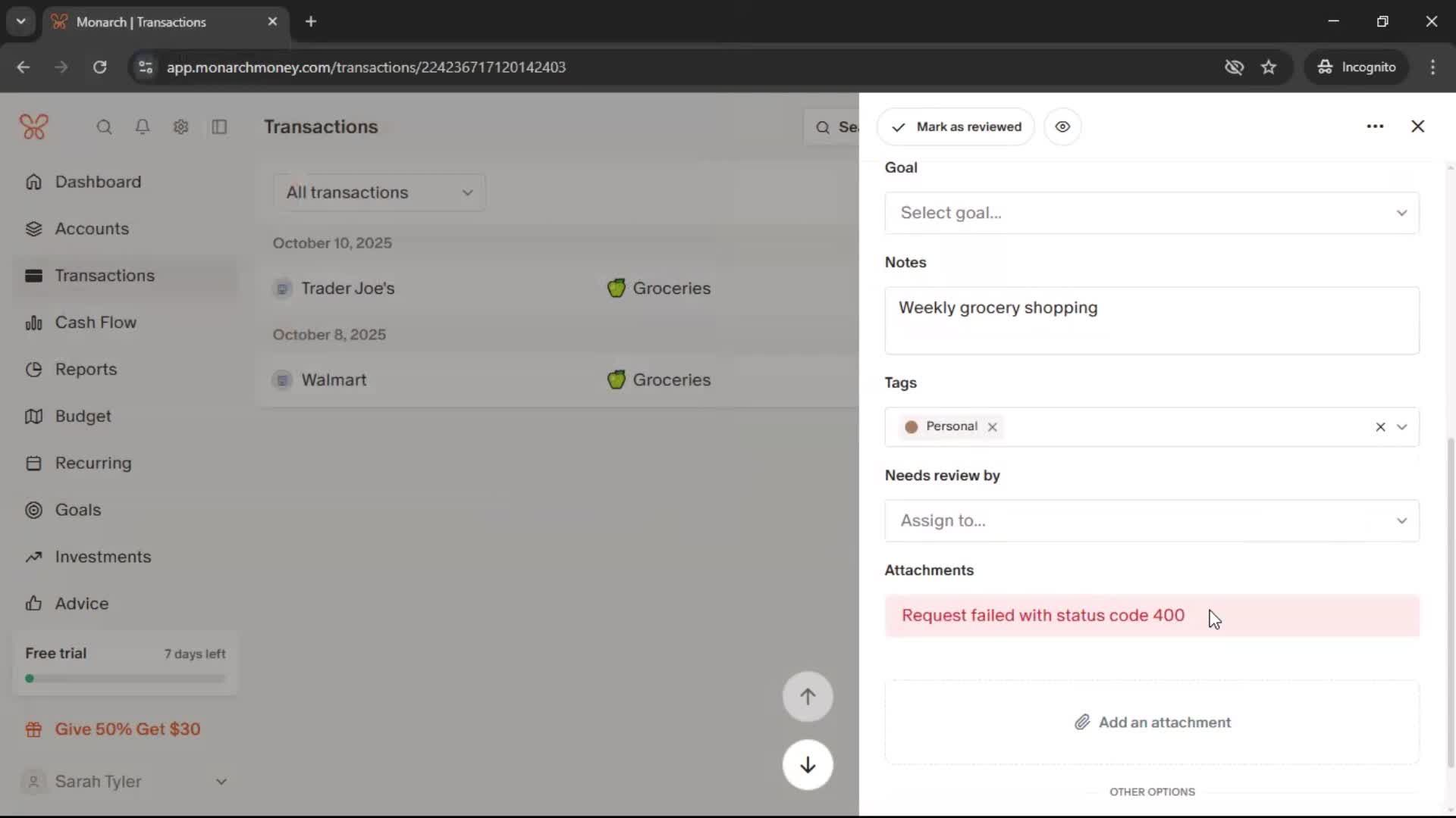 Adding transactions screenshot