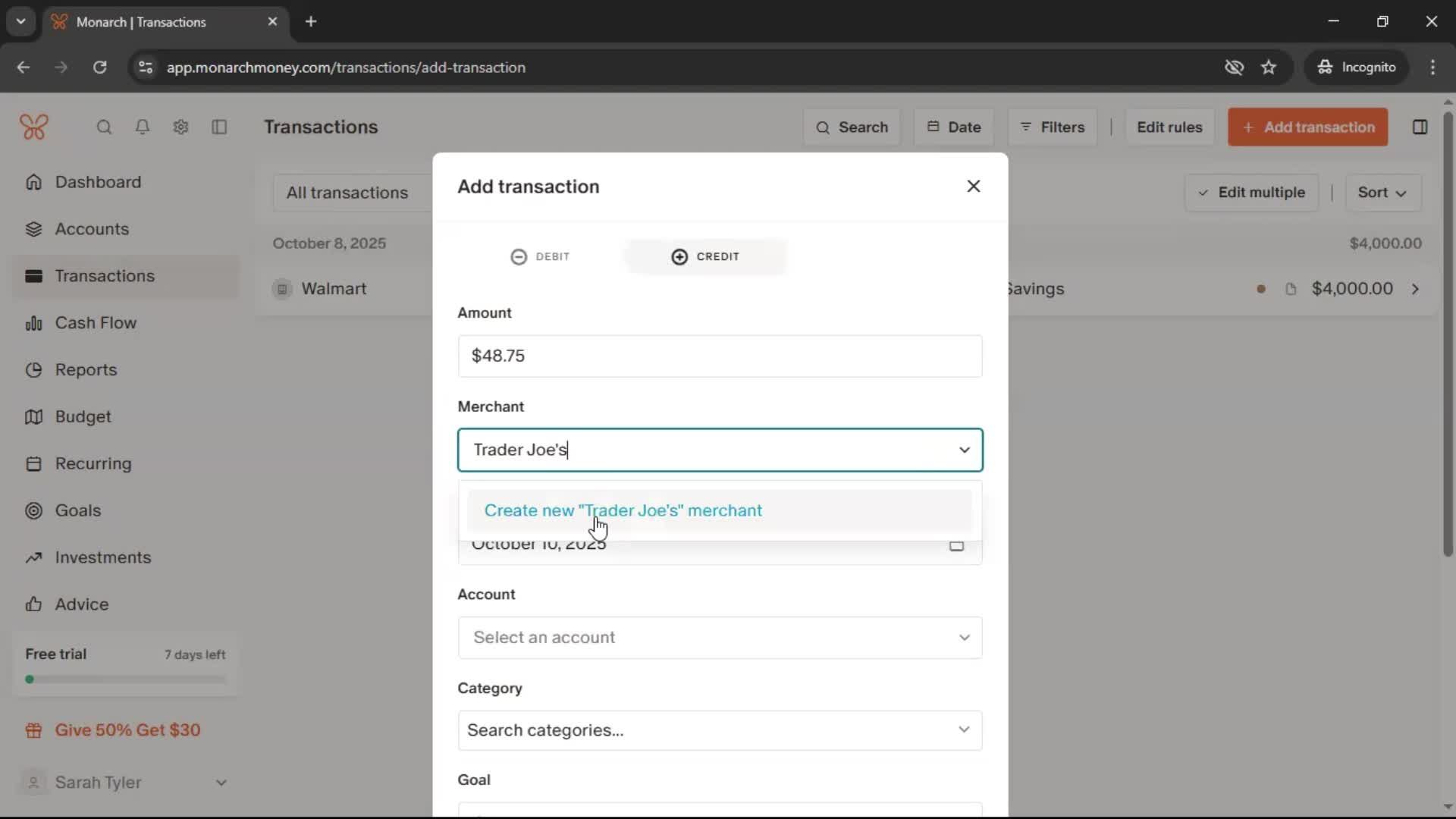 Adding transactions screenshot