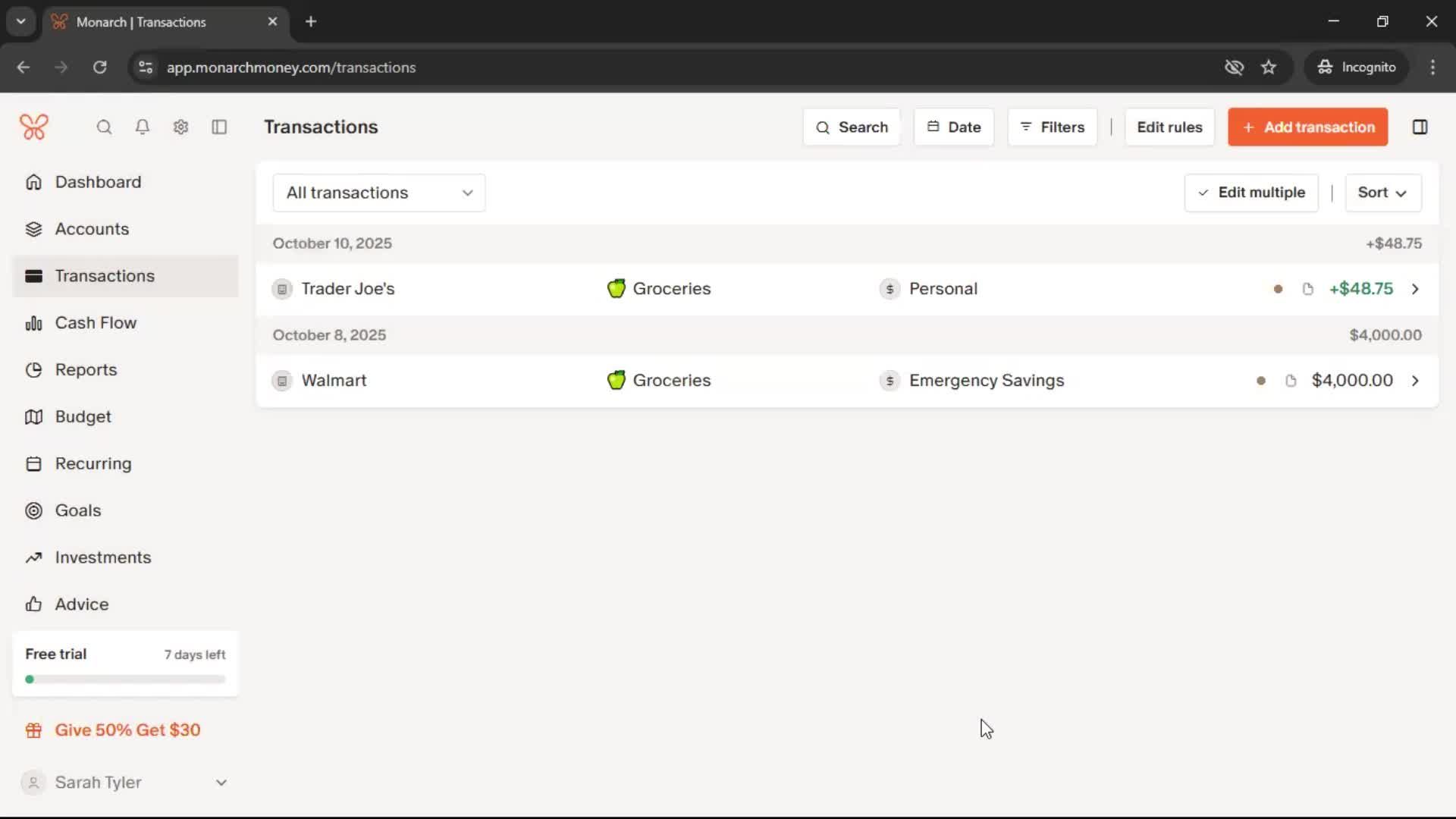 Adding transactions screenshot
