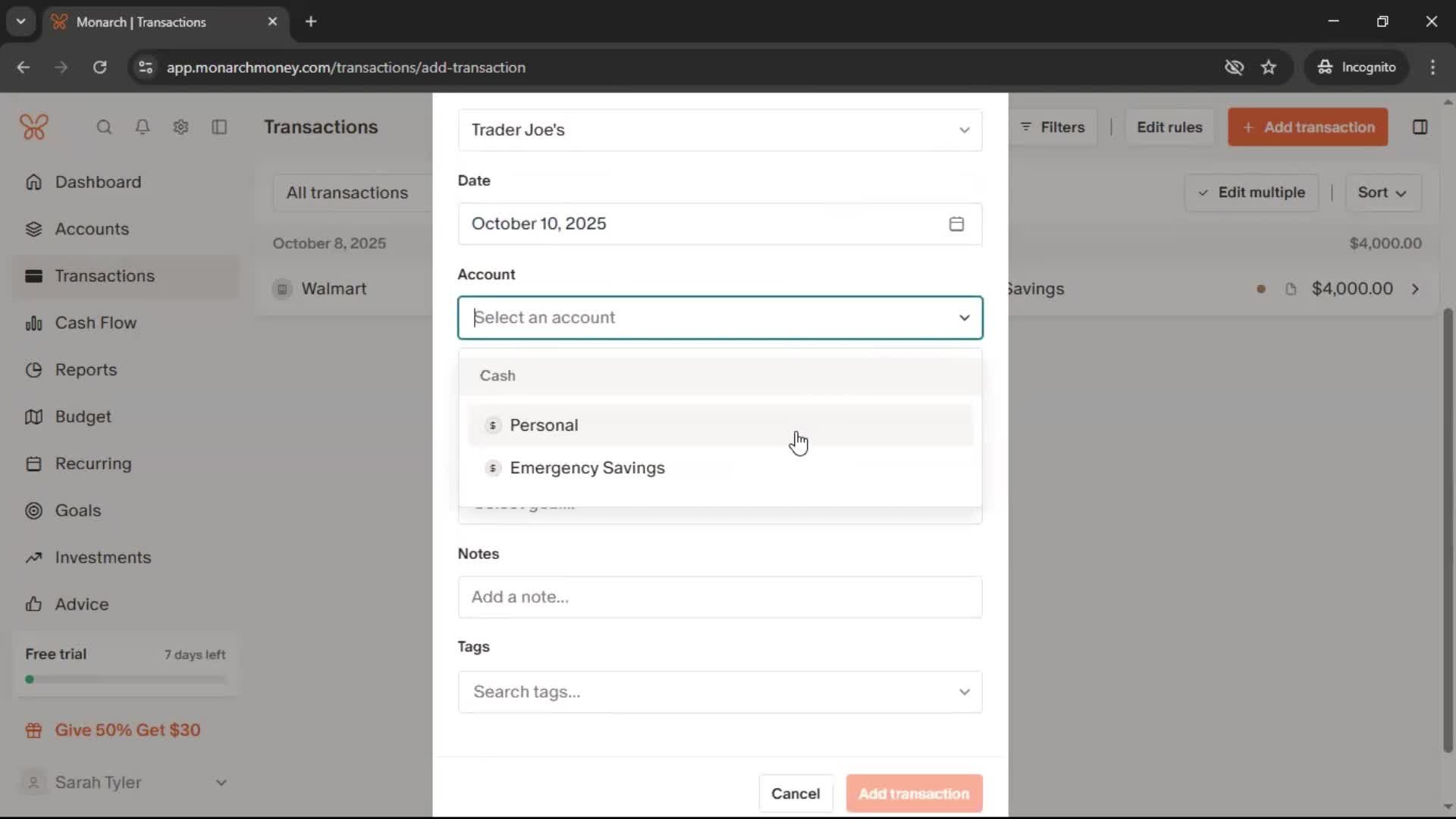 Adding transactions screenshot