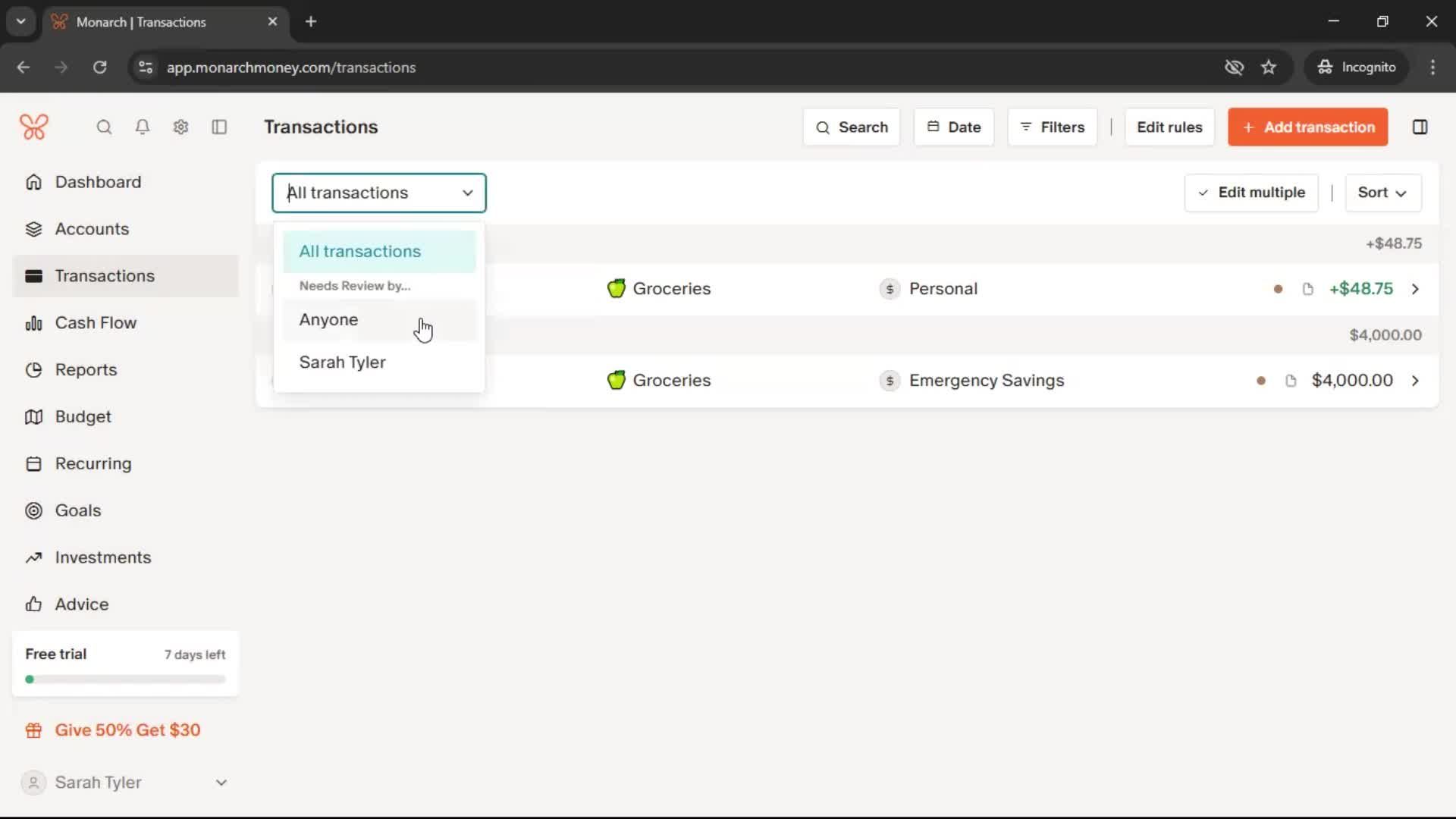 Adding transactions screenshot