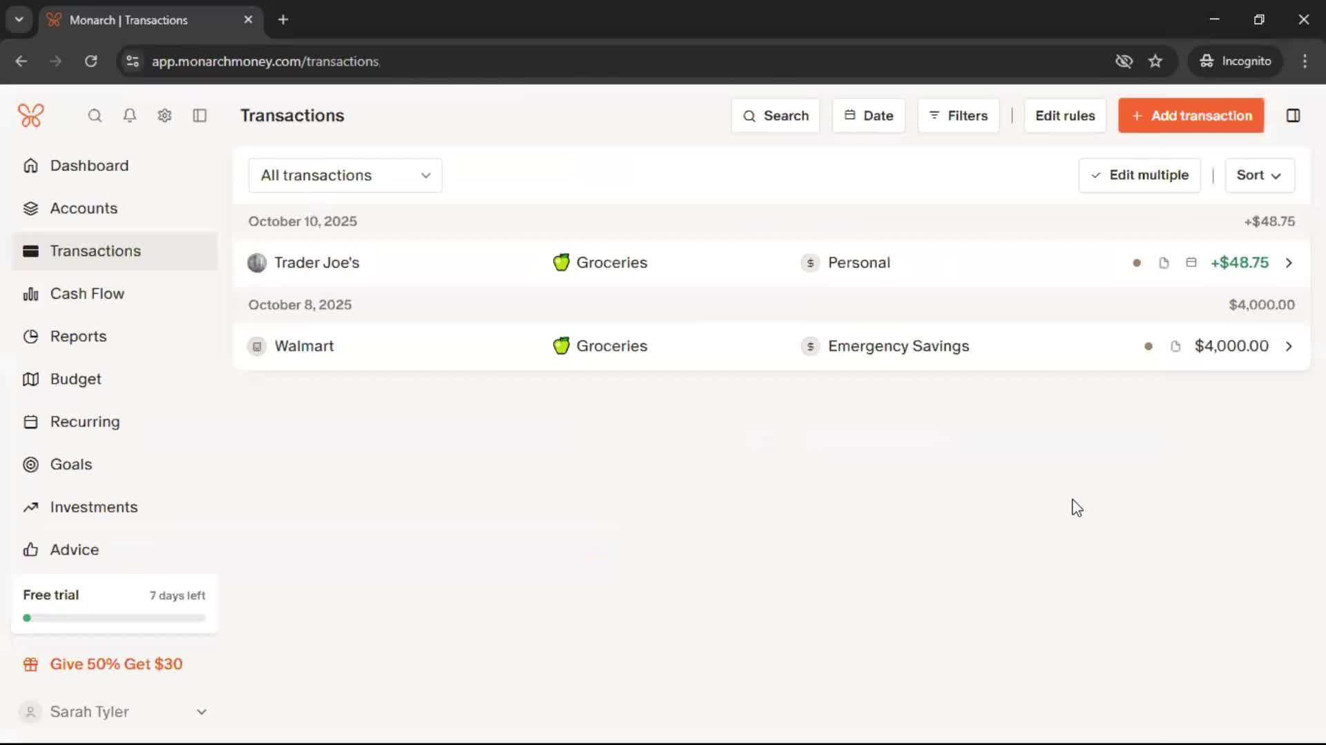 Adding transactions screenshot