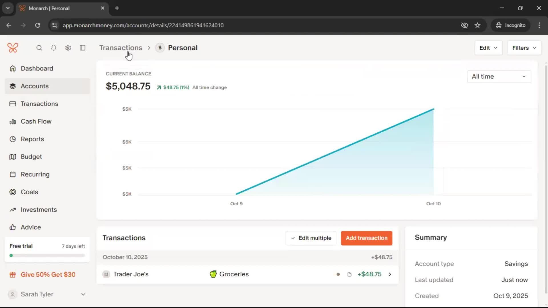 Adding transactions screenshot