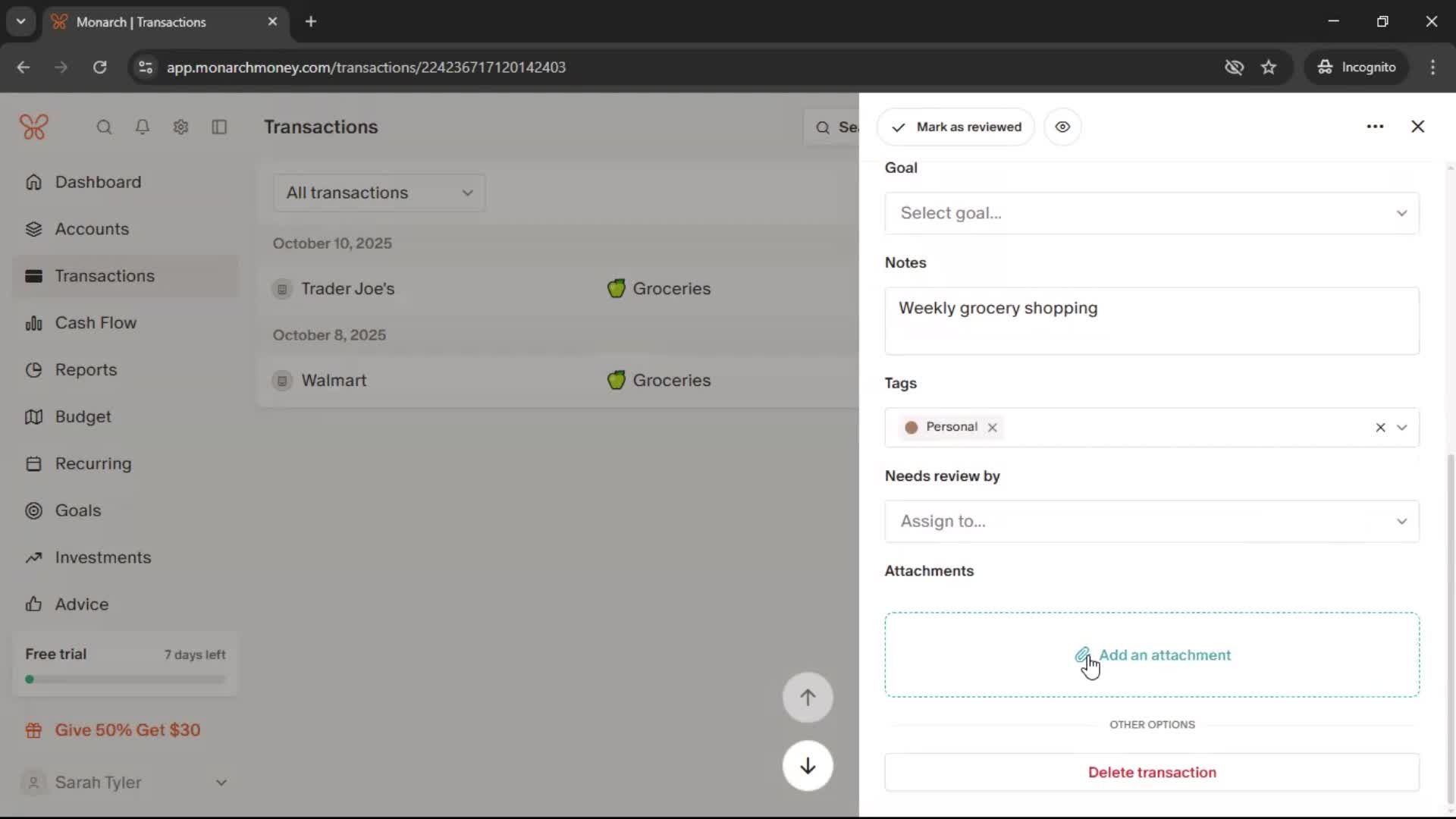Adding transactions screenshot