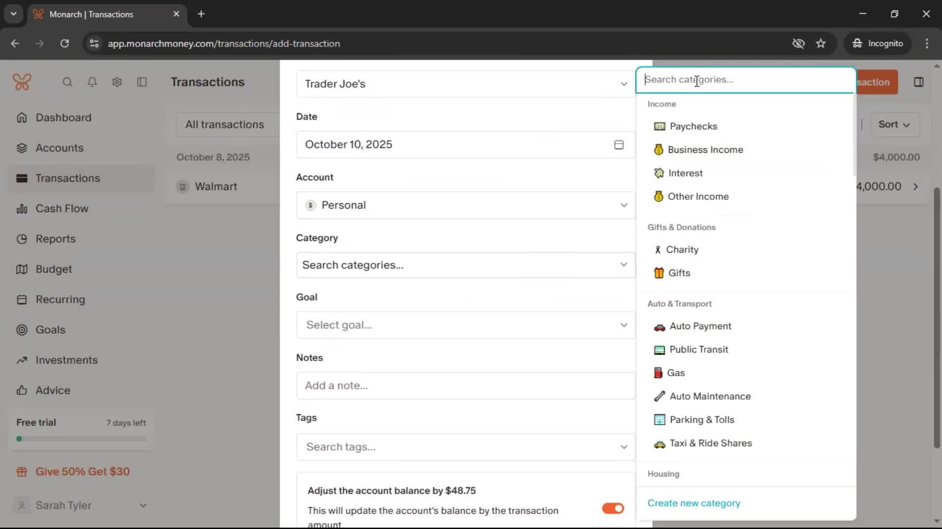 Adding transactions screenshot