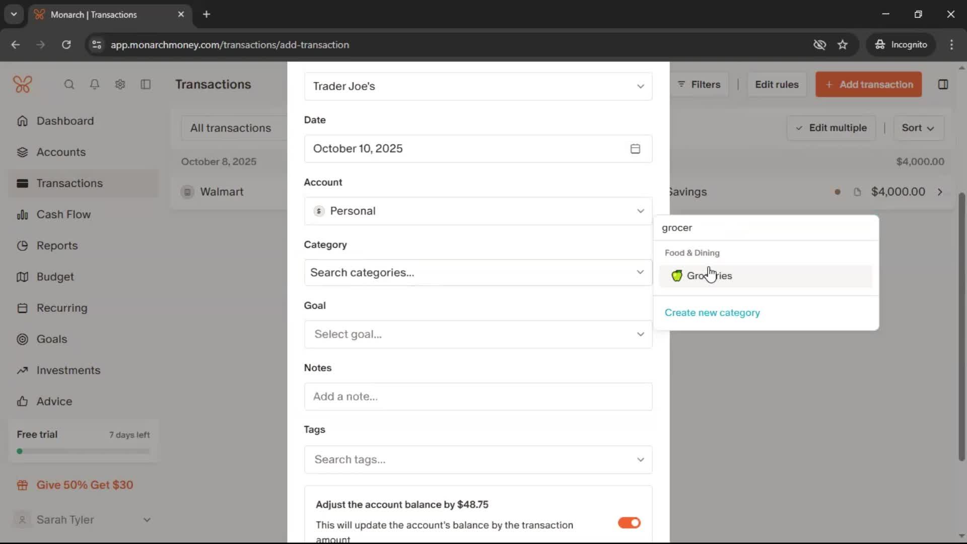 Adding transactions screenshot
