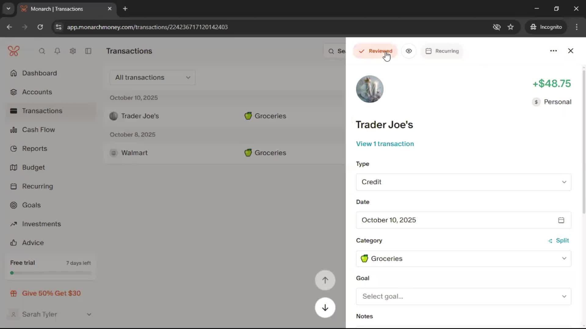 Adding transactions screenshot
