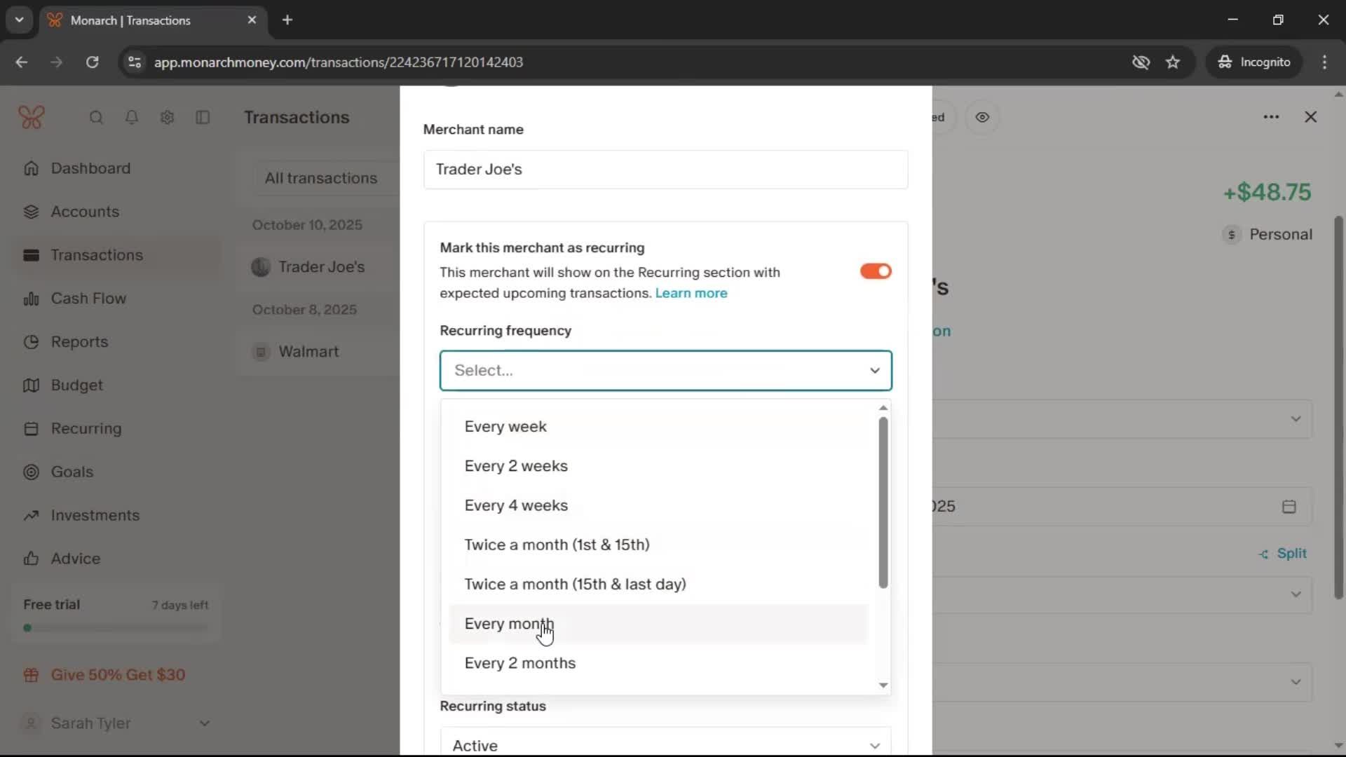 Adding transactions screenshot