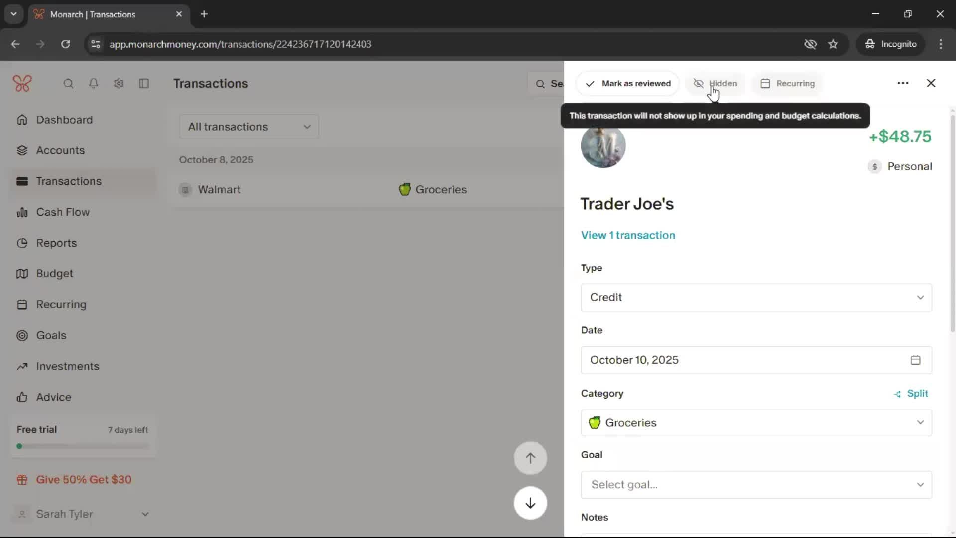 Adding transactions screenshot