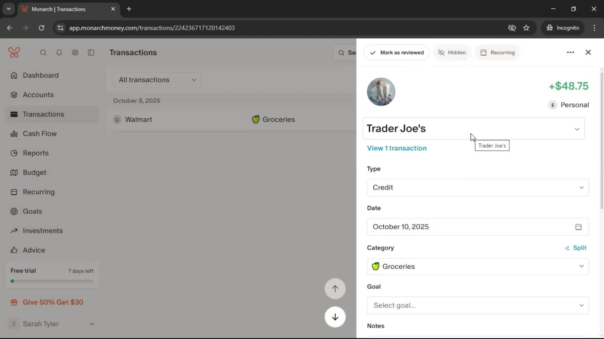 Adding transactions screenshot