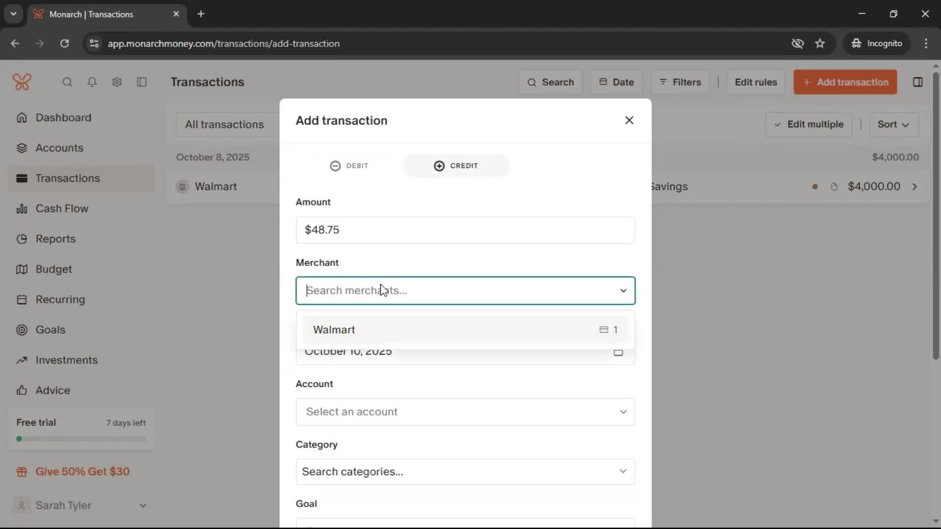 Adding transactions screenshot