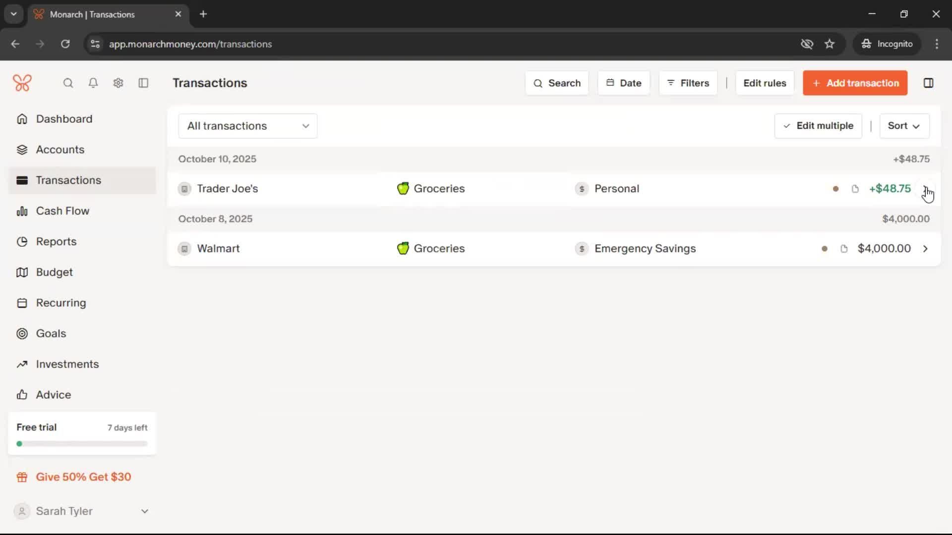 Adding transactions screenshot