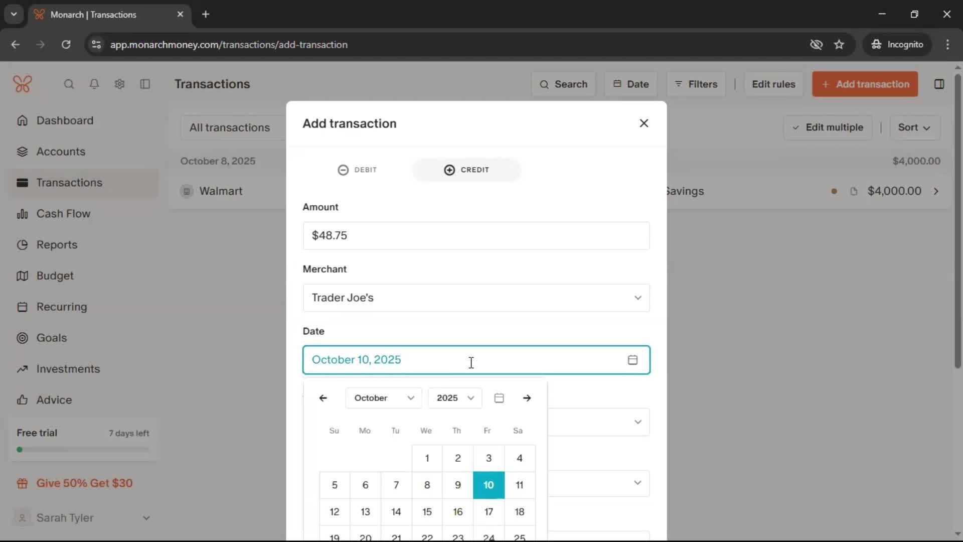 Adding transactions screenshot