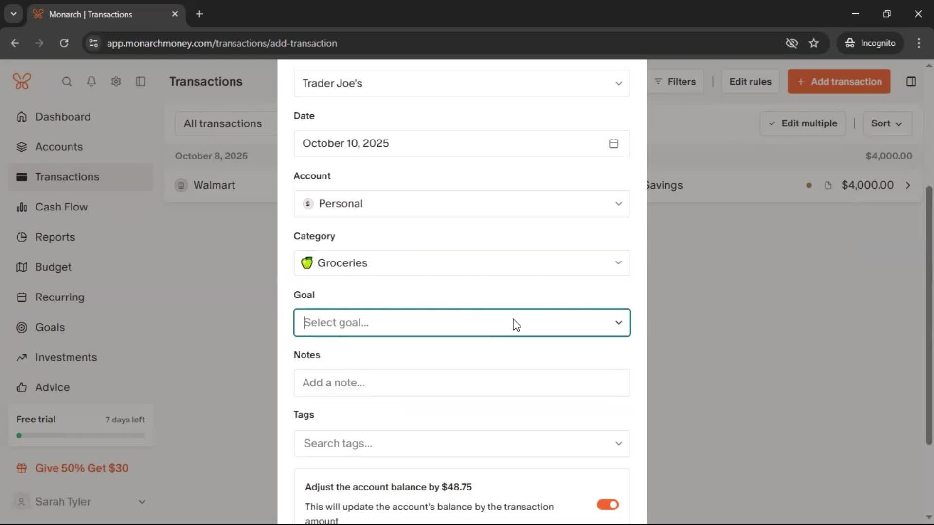 Adding transactions screenshot