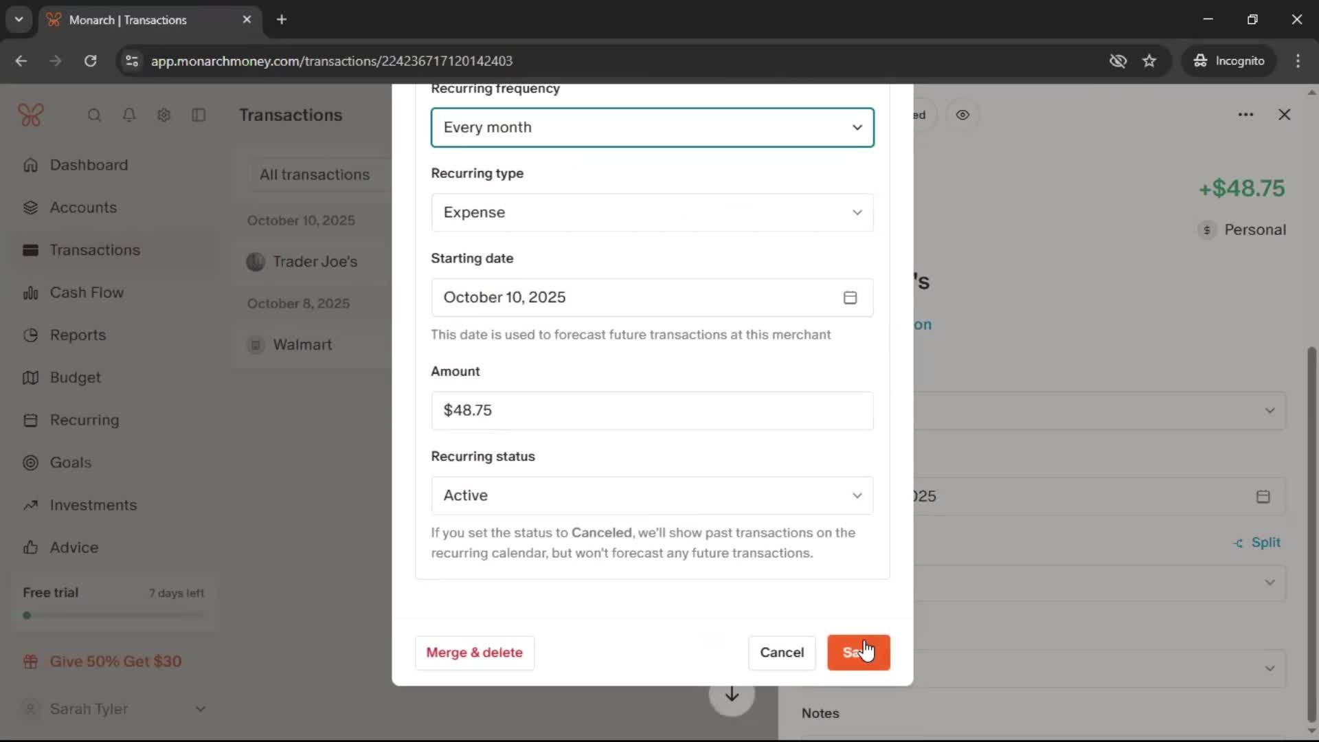 Adding transactions screenshot