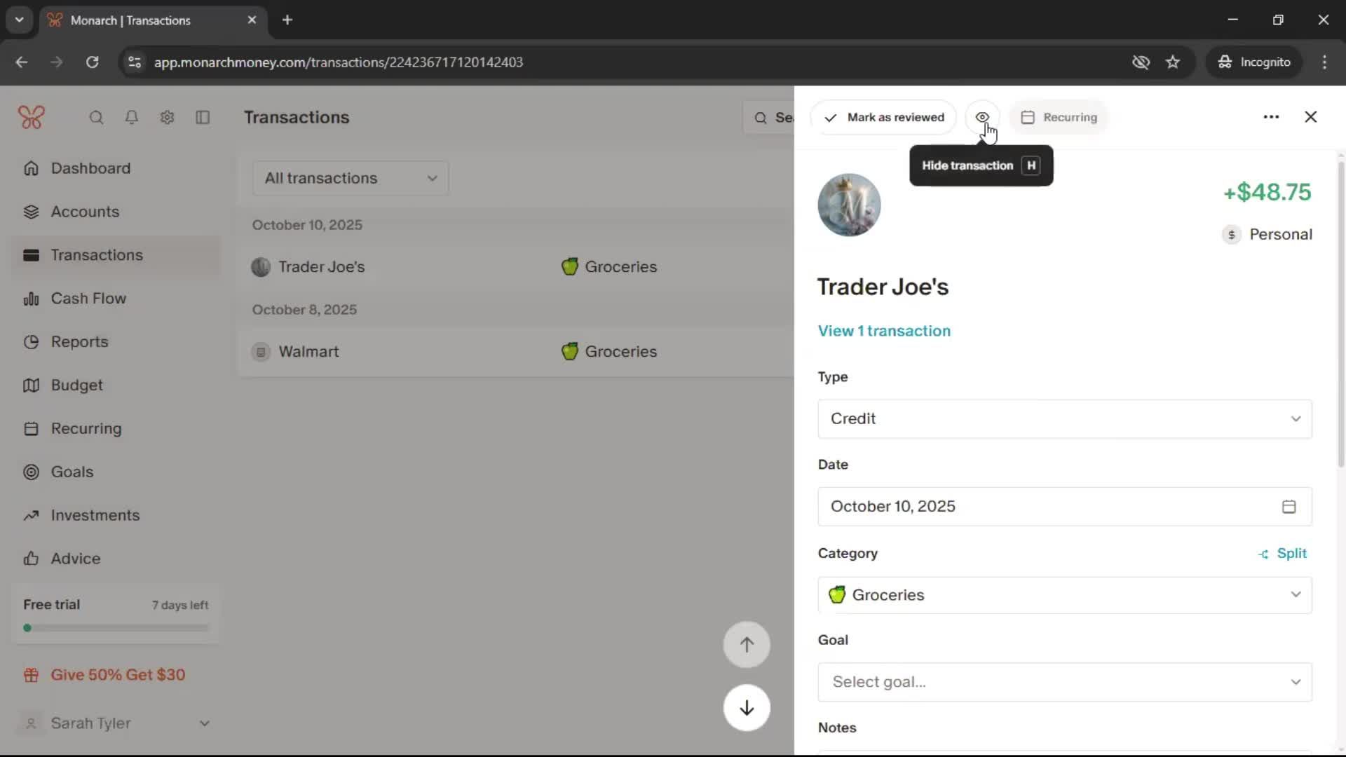 Adding transactions screenshot