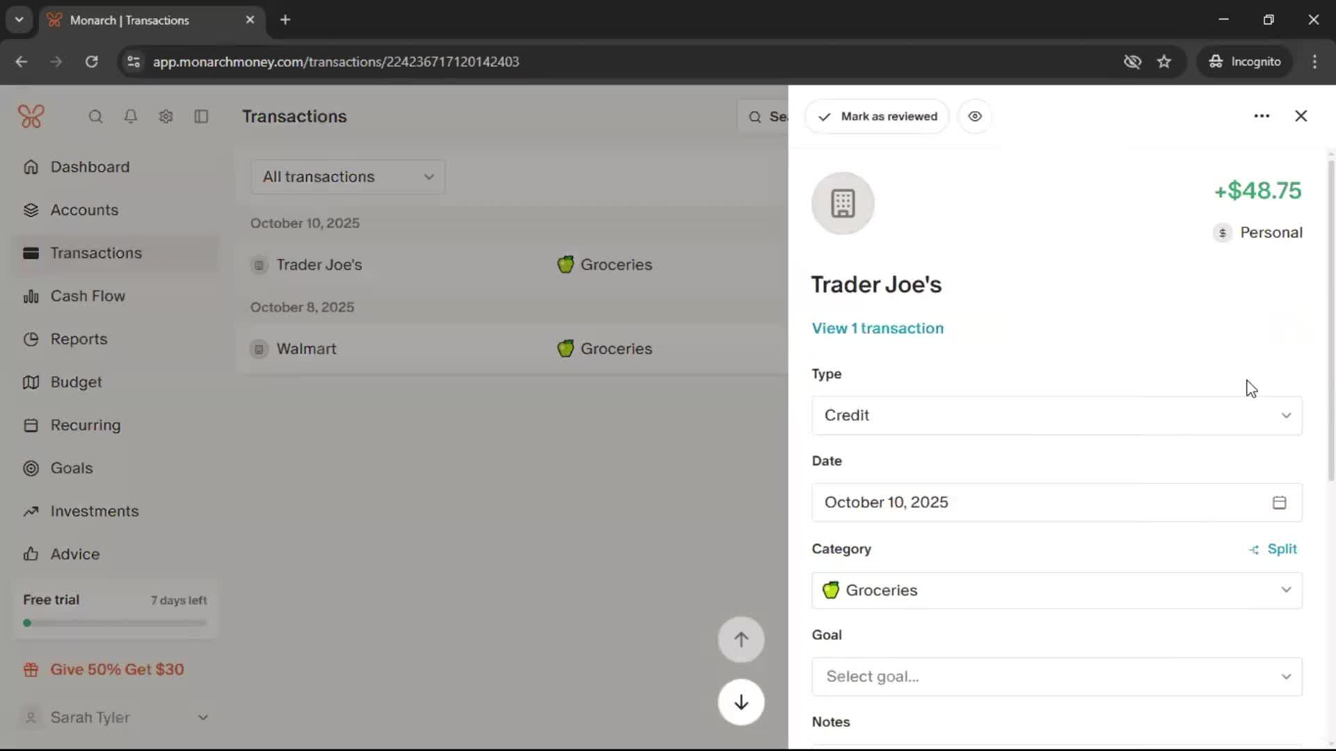 Adding transactions screenshot