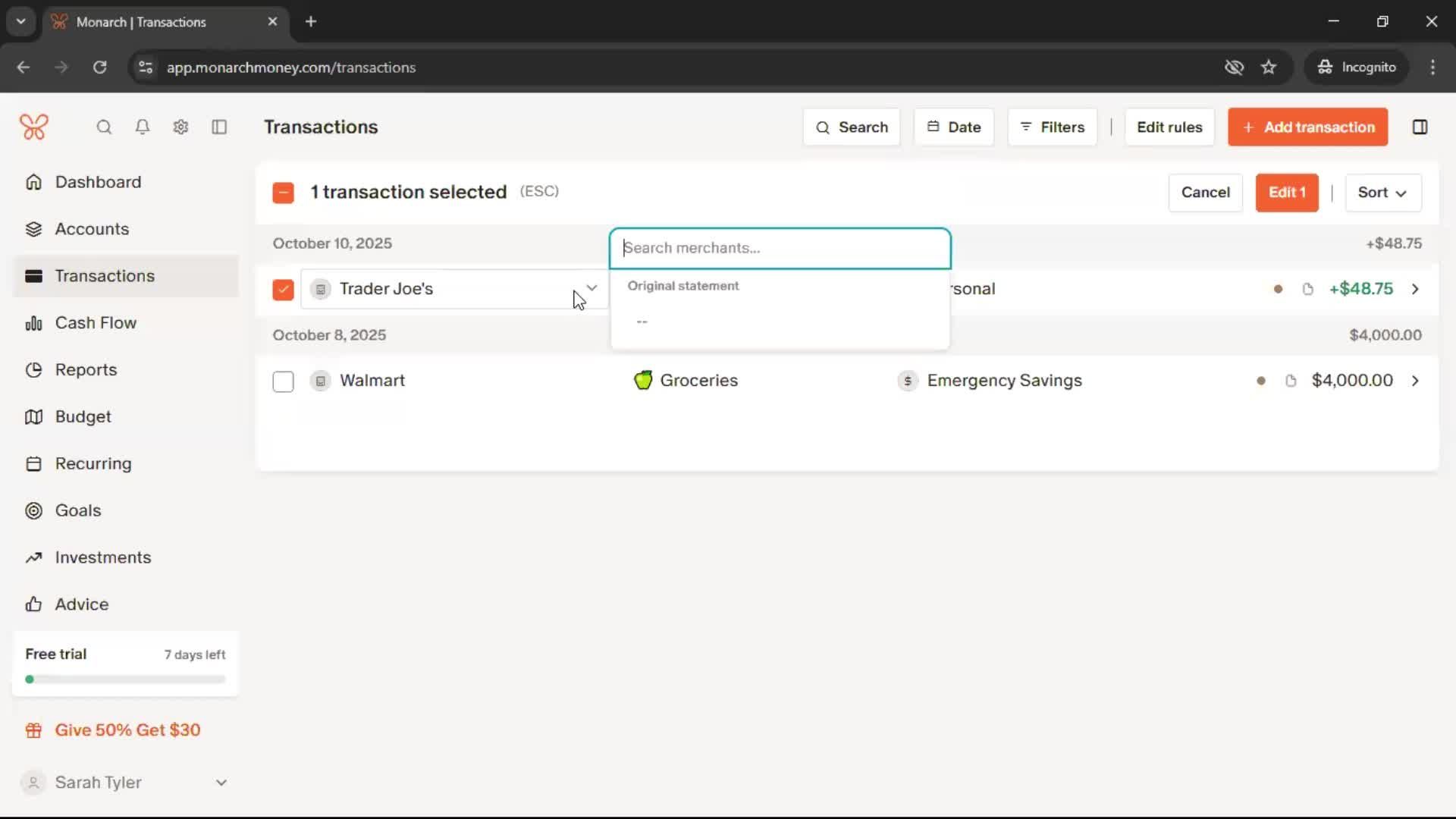 Adding transactions screenshot