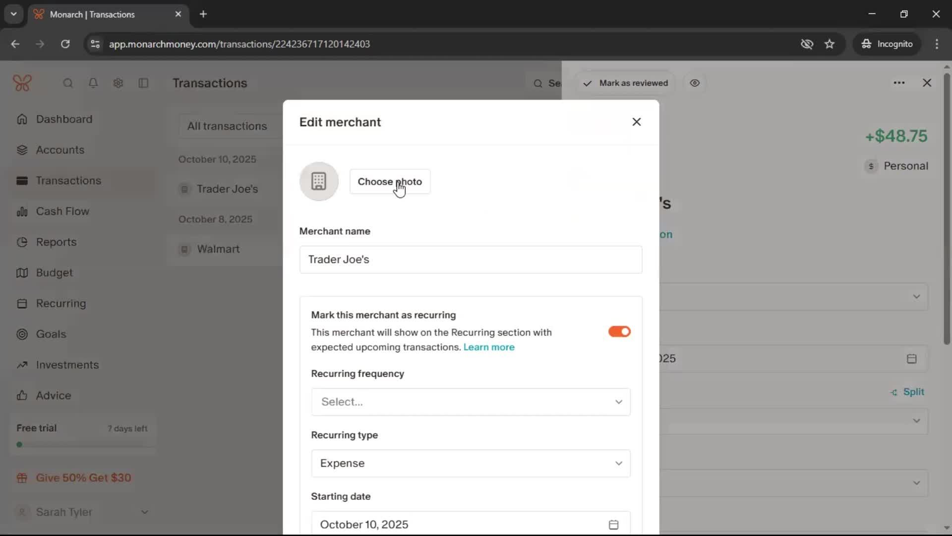 Adding transactions screenshot