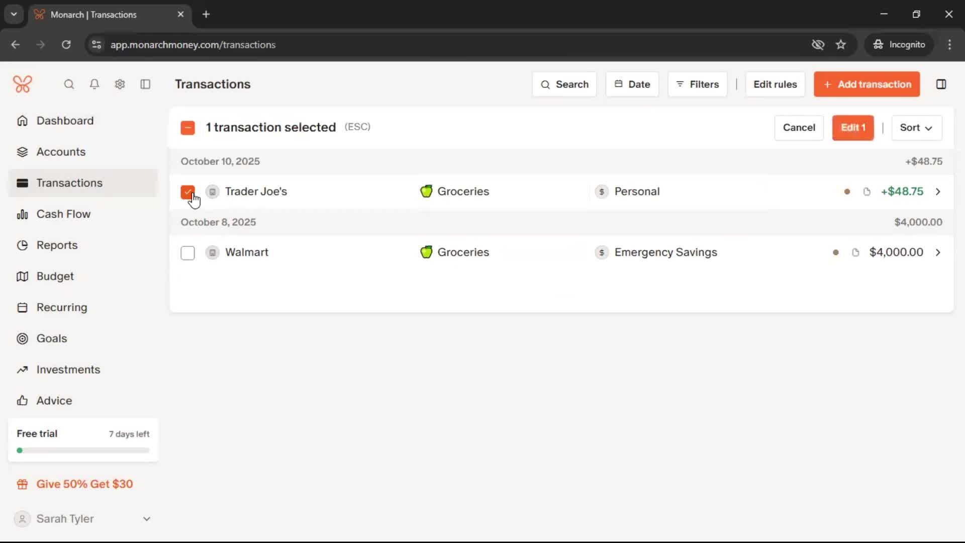 Adding transactions screenshot