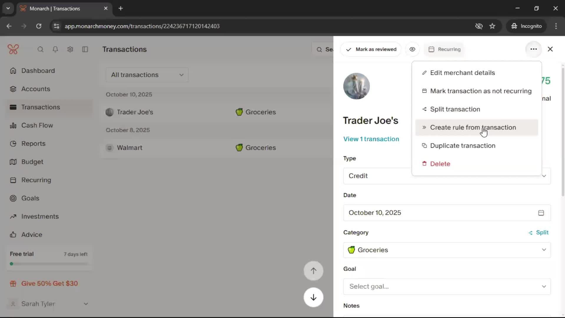 Adding transactions screenshot