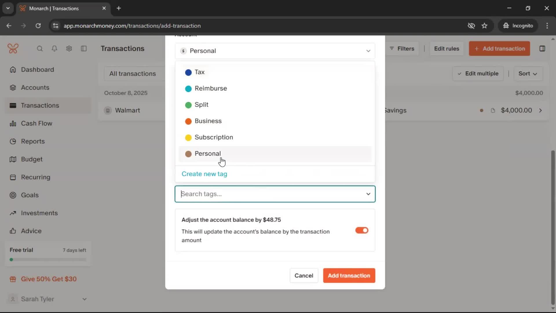 Adding transactions screenshot