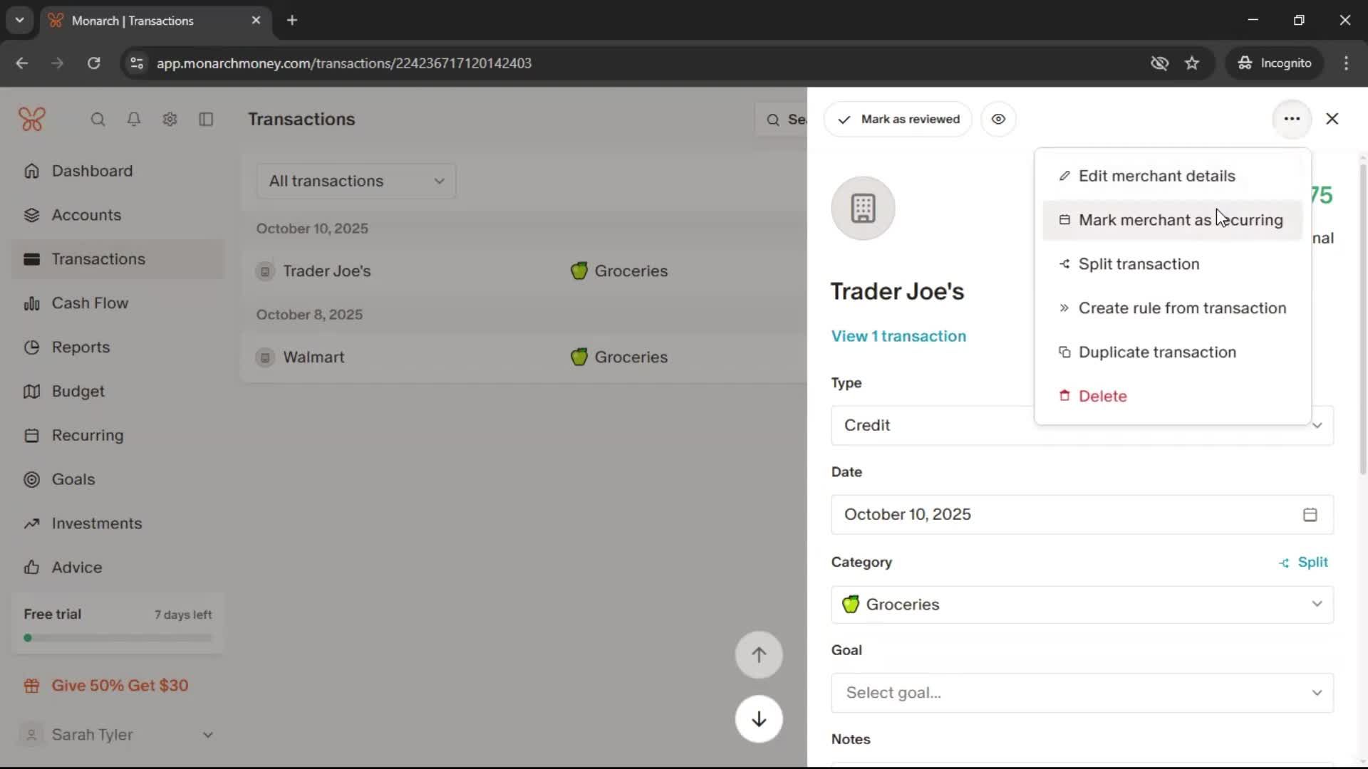 Adding transactions screenshot