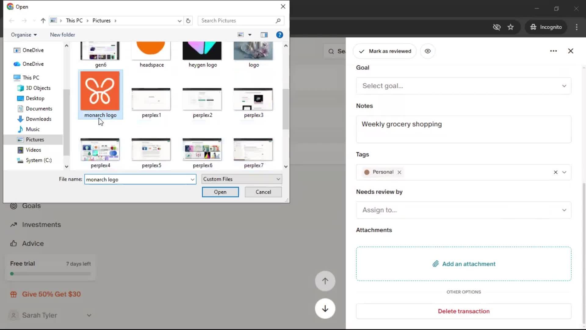 Adding transactions screenshot