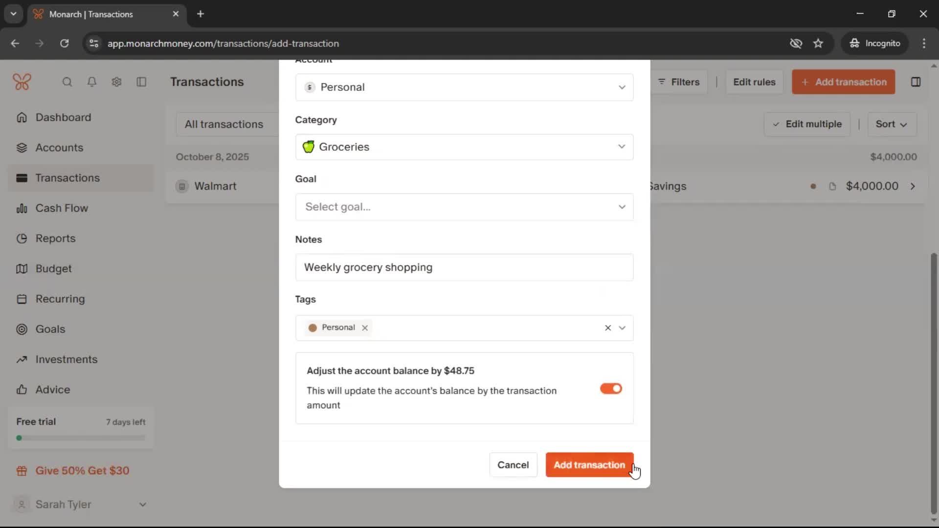 Adding transactions screenshot