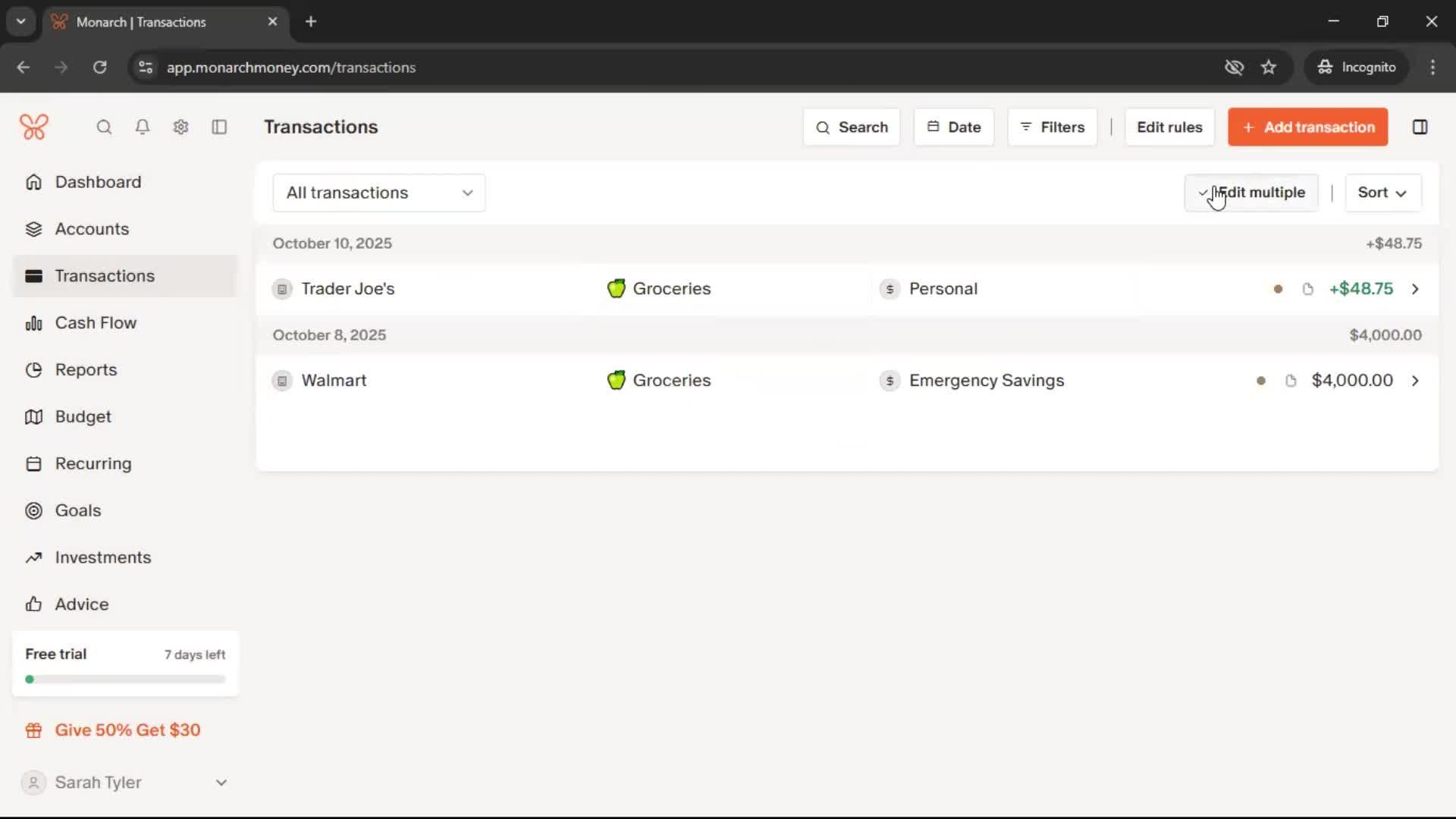 Adding transactions screenshot