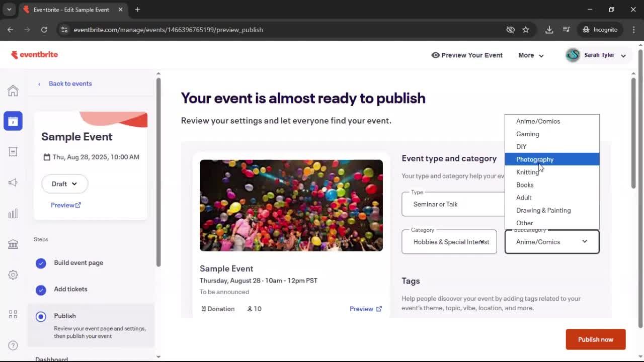 Creating an event screenshot