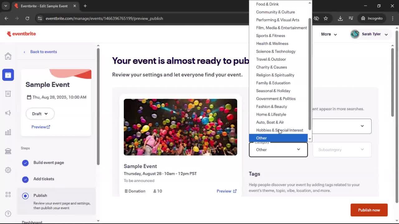 Creating an event screenshot